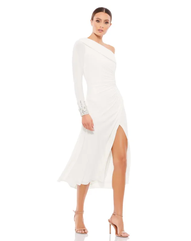 White Foldover Long Sleeve Jeweled Midi Dress sold by Mac Duggal