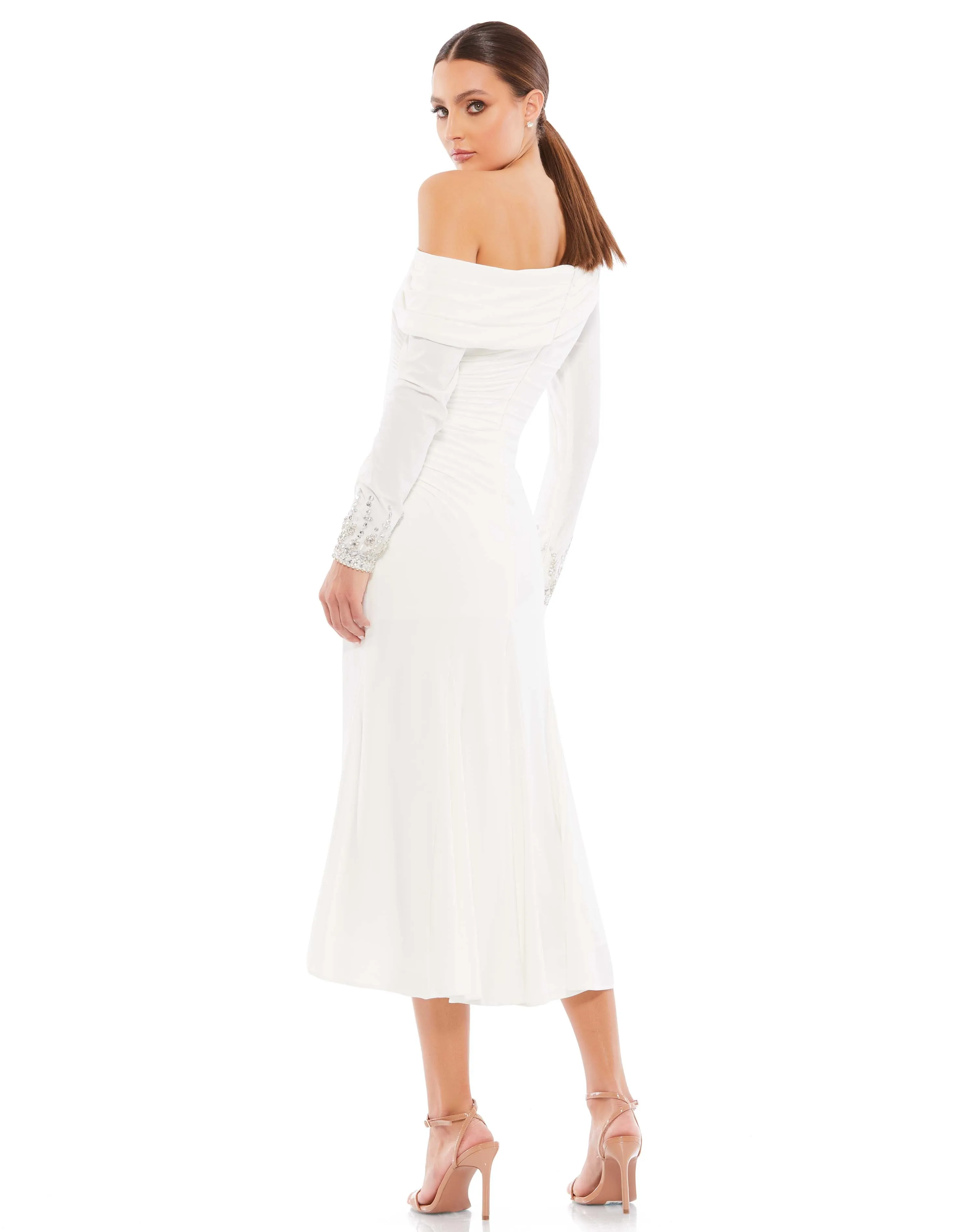 White Foldover Long Sleeve Jeweled Midi Dress sold by Mac Duggal product image thumbnail 3