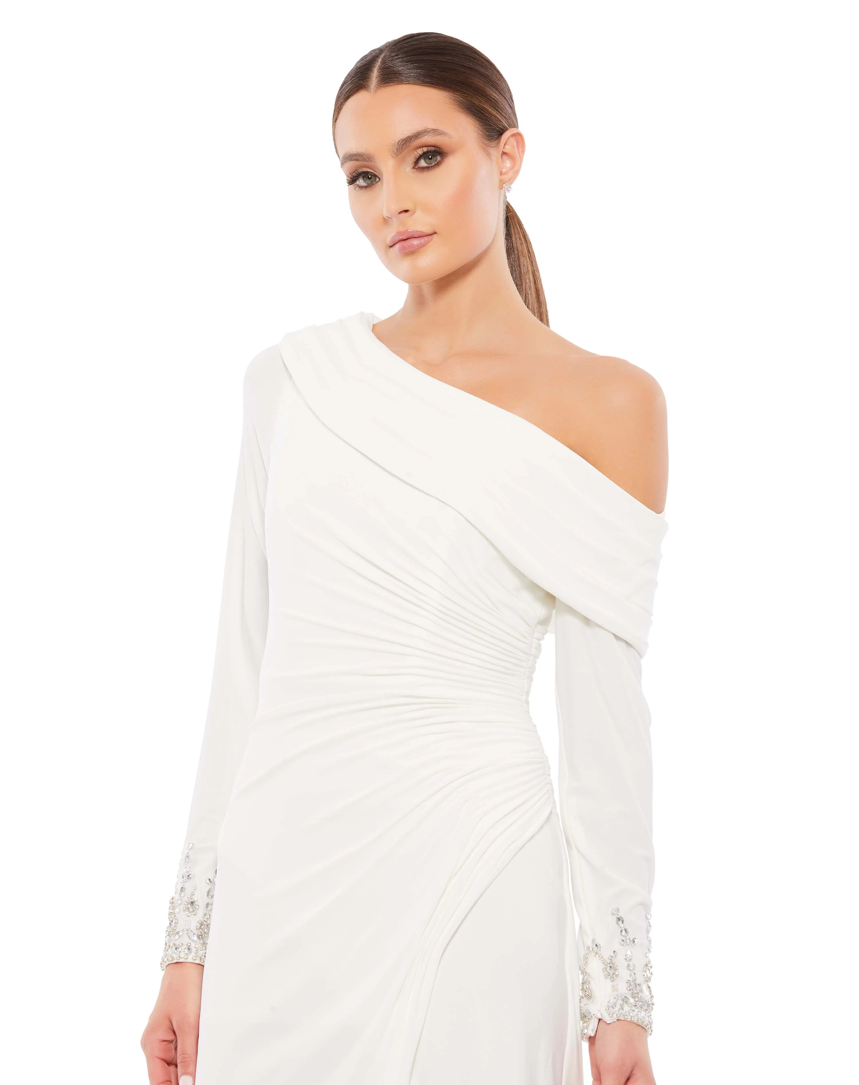 White Foldover Long Sleeve Jeweled Midi Dress sold by Mac Duggal product image thumbnail 2