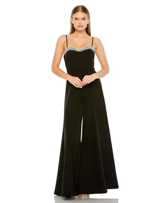 Black Slim Strap Beaded Bustier Top Jumpsuit sold by Mac Duggal