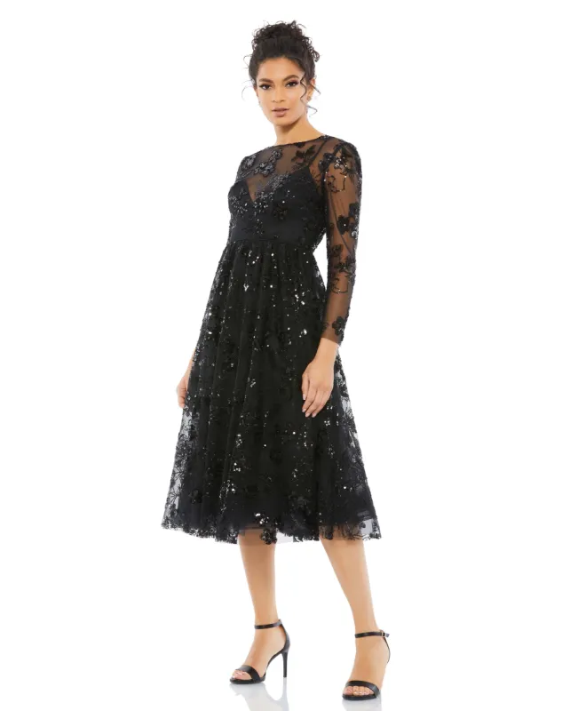 Black Embellished Illusion Long Sleeve Midi Dress sold by Mac Duggal