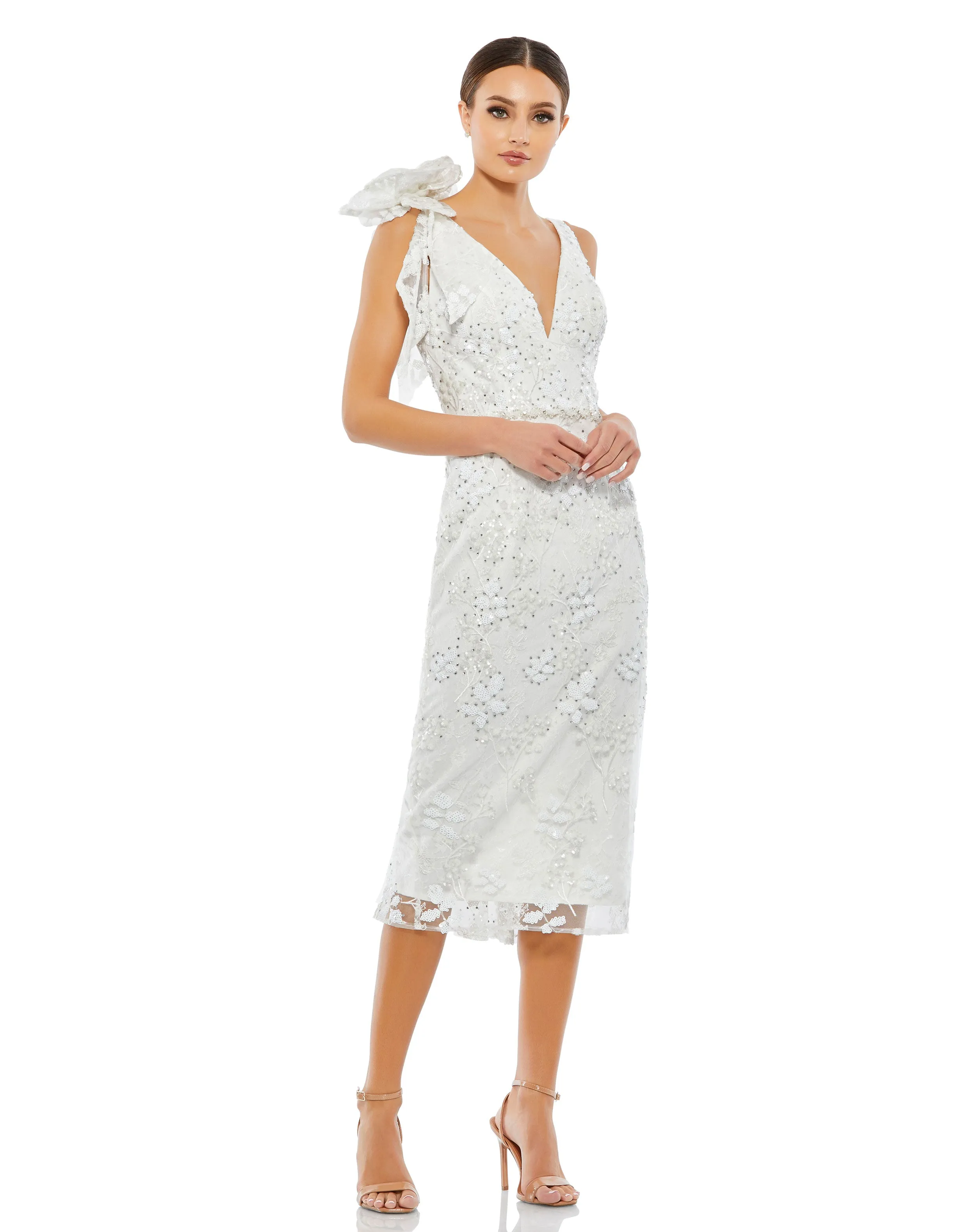 White Floral Embellished V-neck Midi Dress with Shoulder Bow sold by Mac Duggal