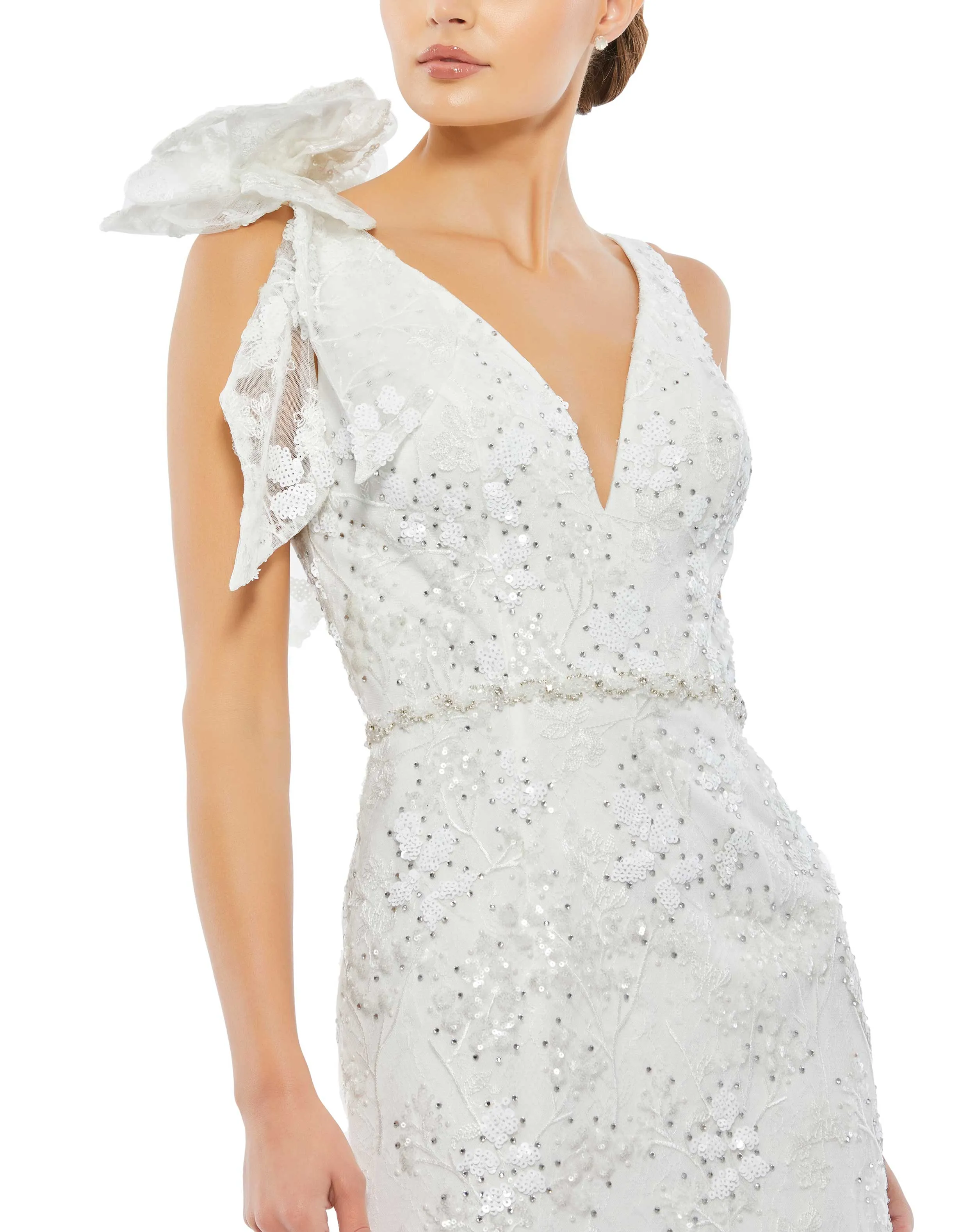 White Floral Embellished V-neck Midi Dress with Shoulder Bow sold by Mac Duggal product image thumbnail 2