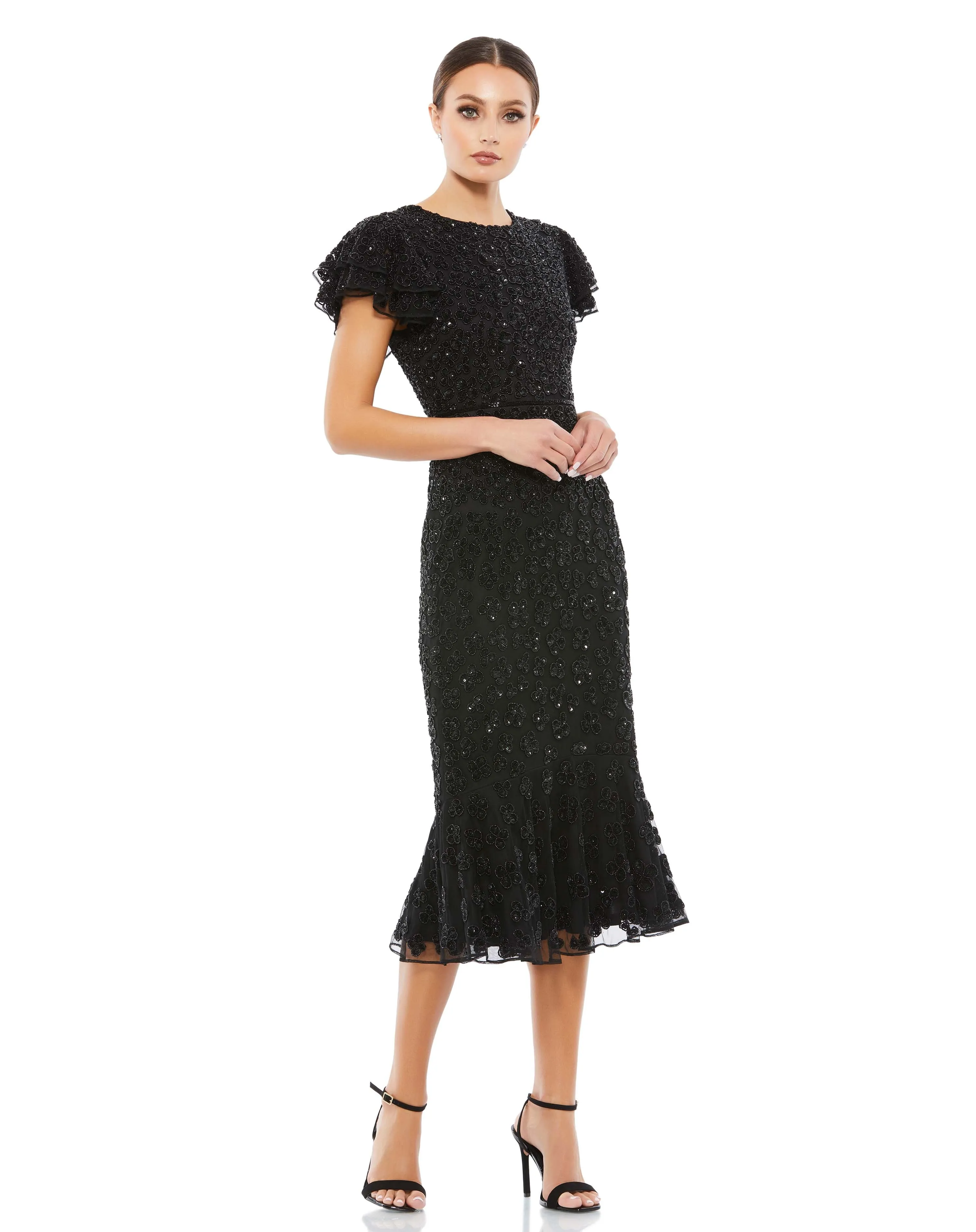 Black Hand Beaded Flounce Sleeve Midi Dress sold by Mac Duggal