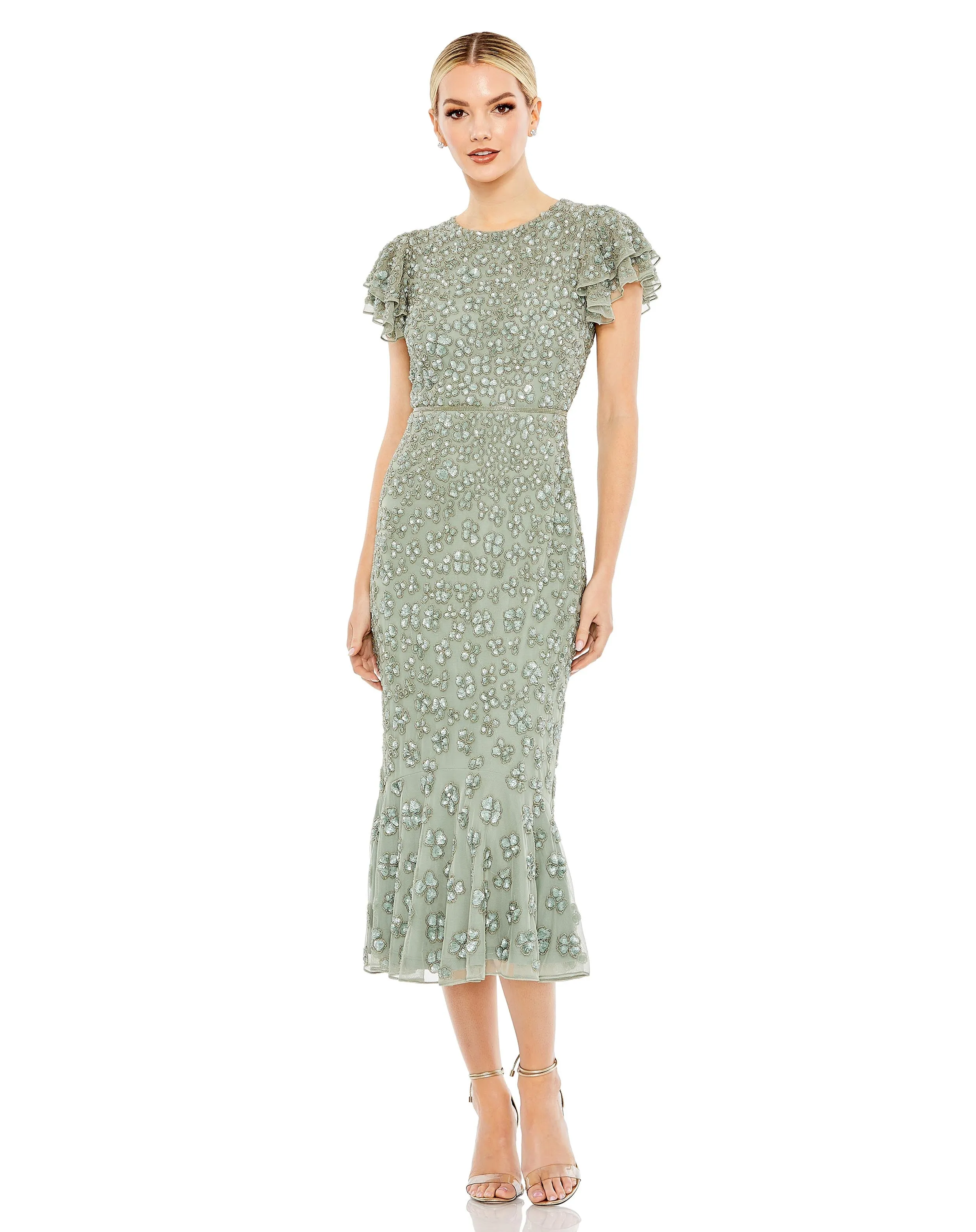 Black Hand Beaded Flounce Sleeve Midi Dress sold by Mac Duggal product image thumbnail 4