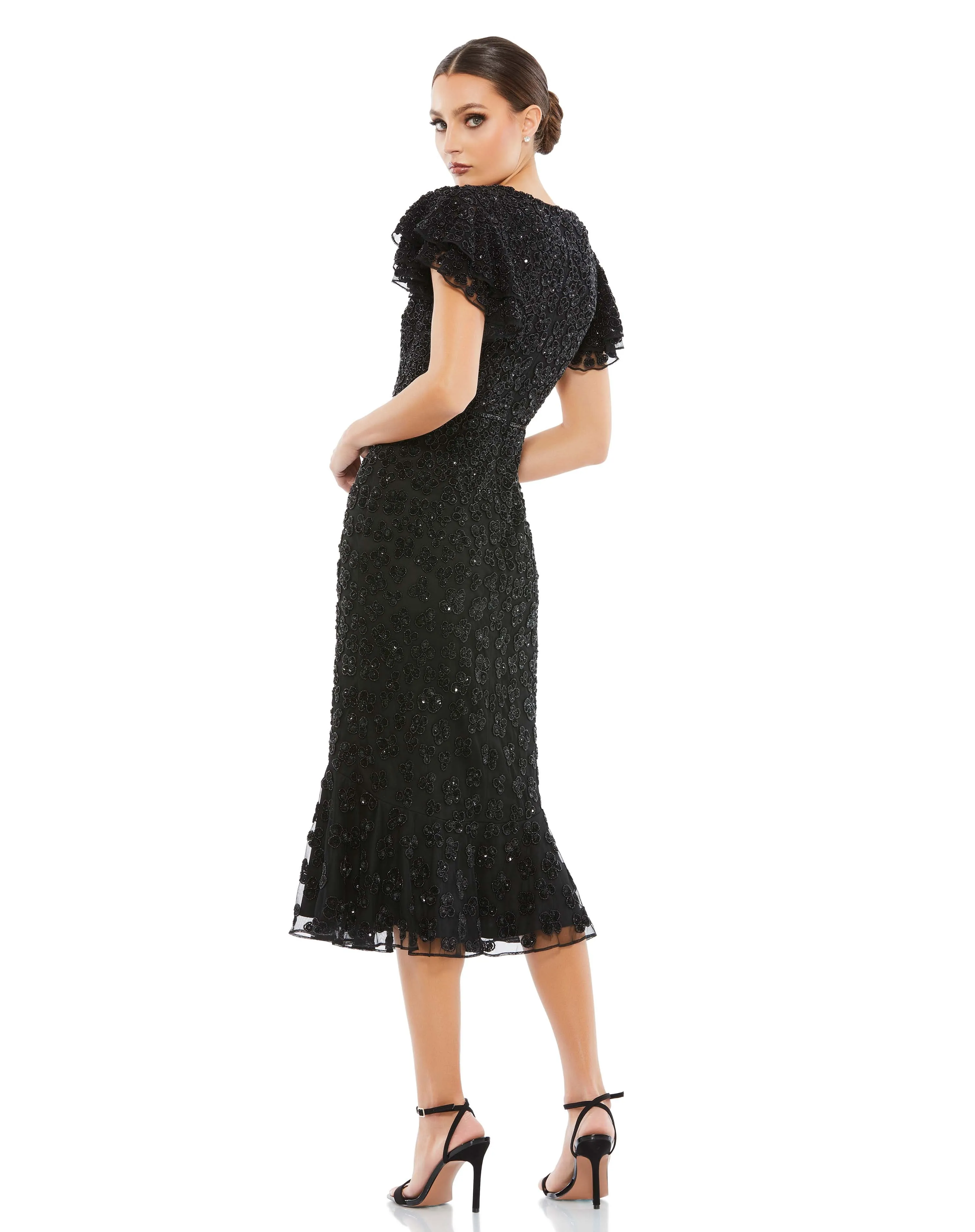 Black Hand Beaded Flounce Sleeve Midi Dress sold by Mac Duggal product image thumbnail 3