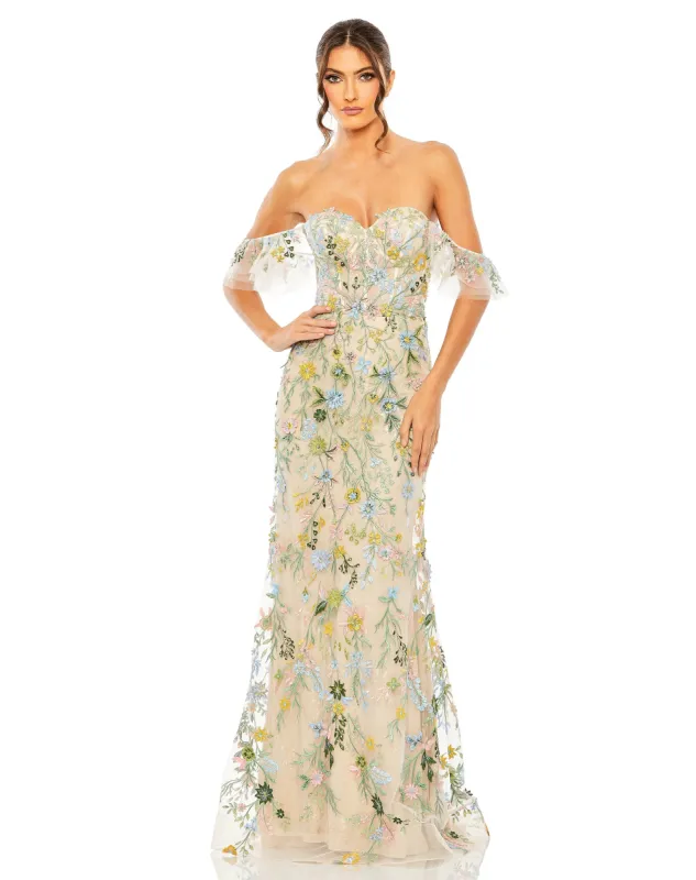 Beige Sweetheart Flutter Sleeve Floral Gown sold by Mac Duggal