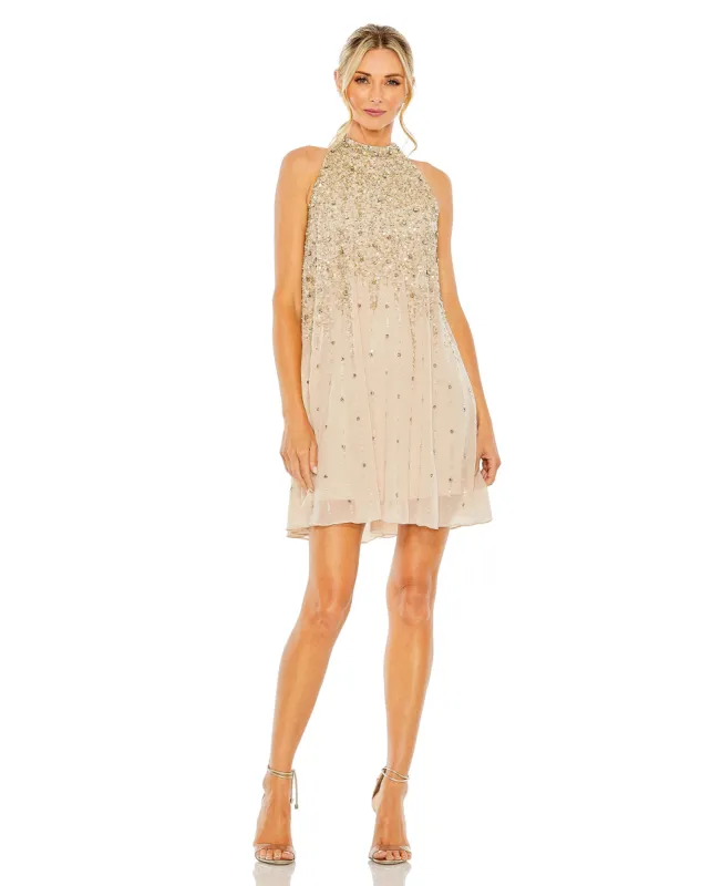 Beige High Neck Sleeveless Sequin Embellished Trapeze Dress sold by Mac Duggal