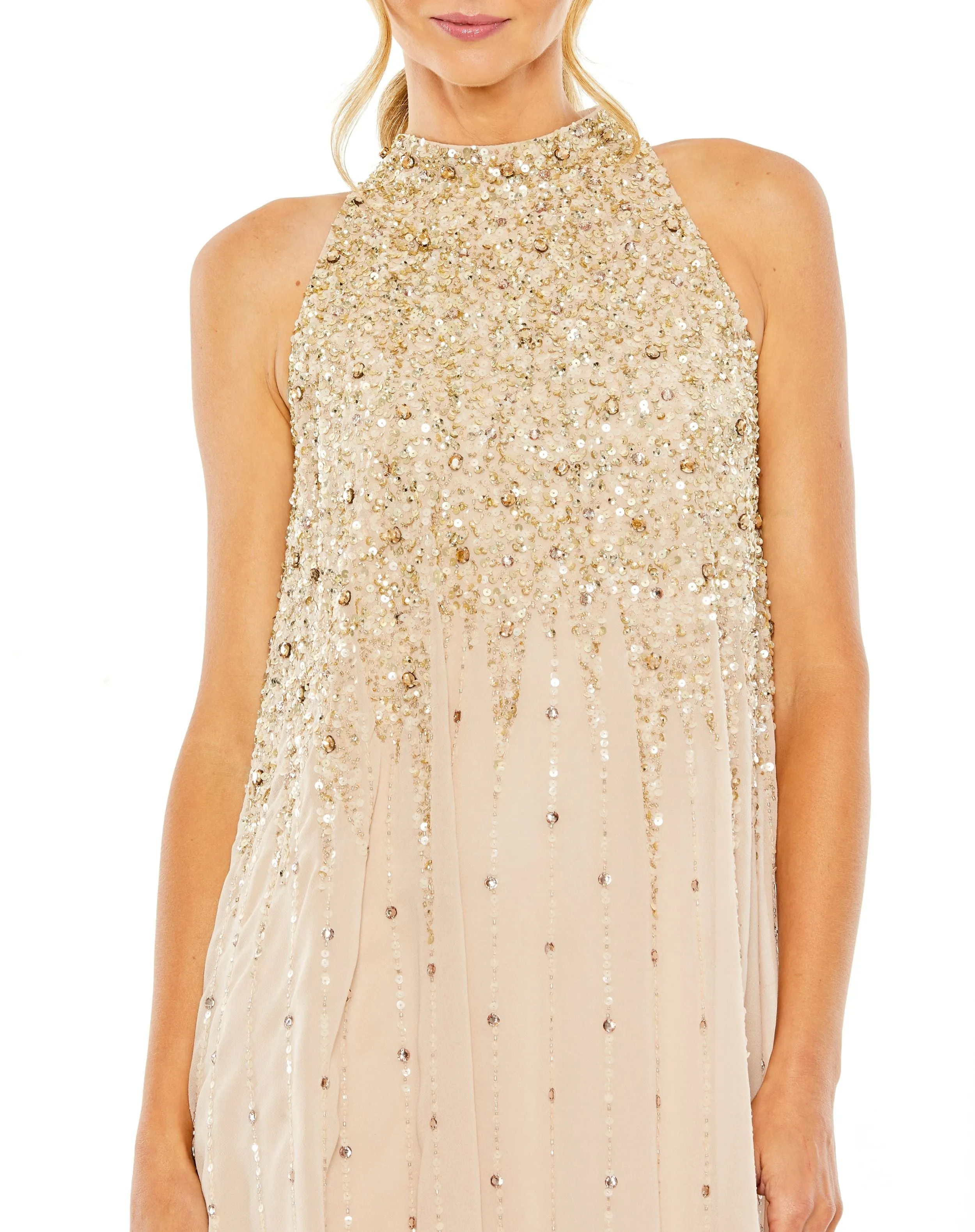 Beige High Neck Sleeveless Sequin Embellished Trapeze Dress sold by Mac Duggal product image thumbnail 2