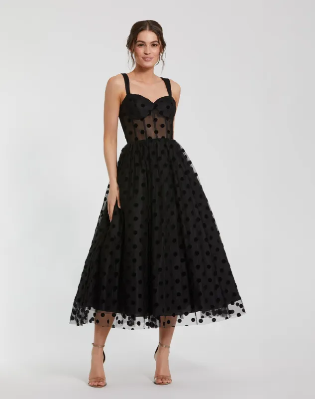 Black Polka Dot Net Bustier A-Line Midi Dress sold by Mac Duggal