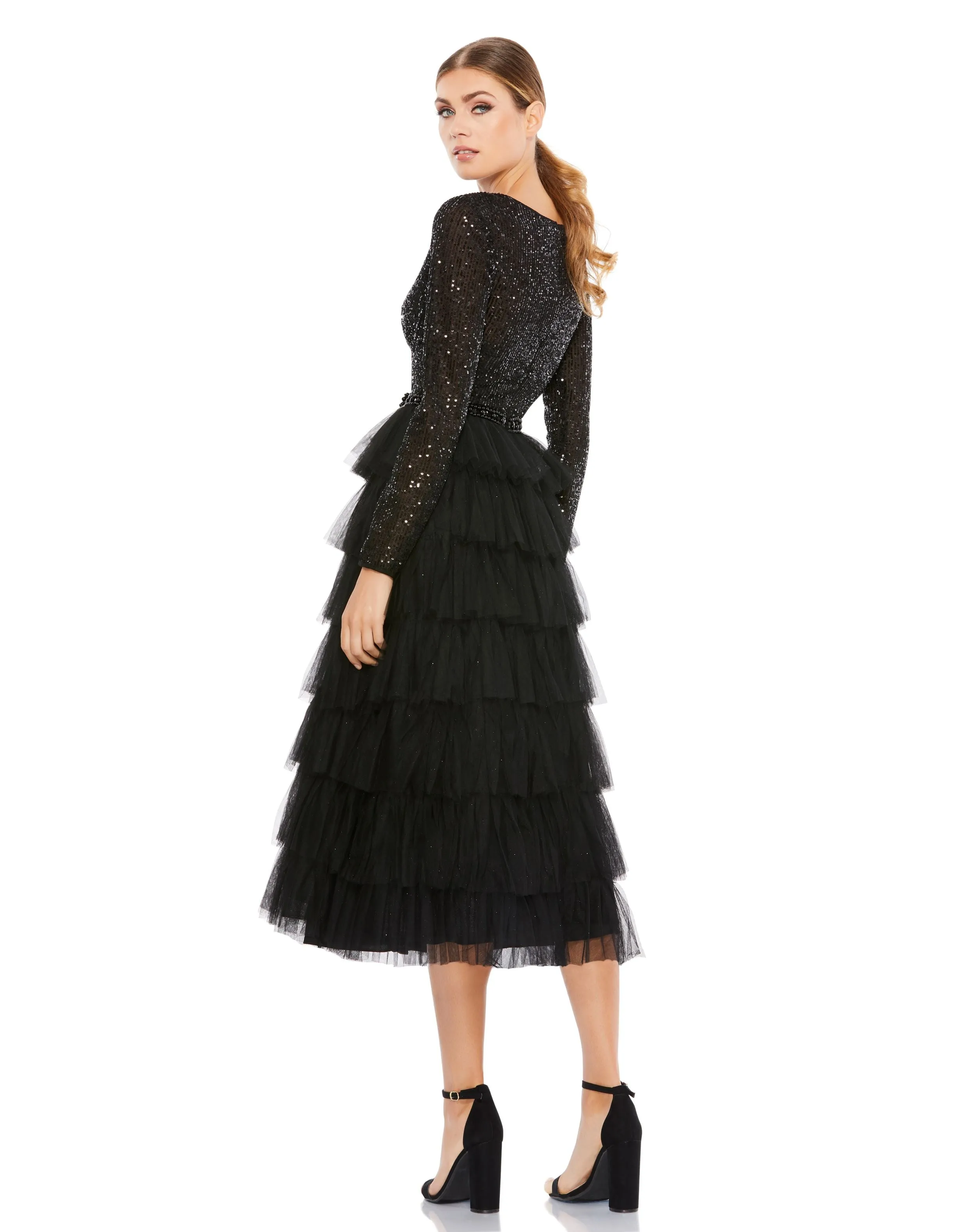Petite Long Sleeve Ruffle Tiered Midi Dress sold by Mac Duggal product image thumbnail 2