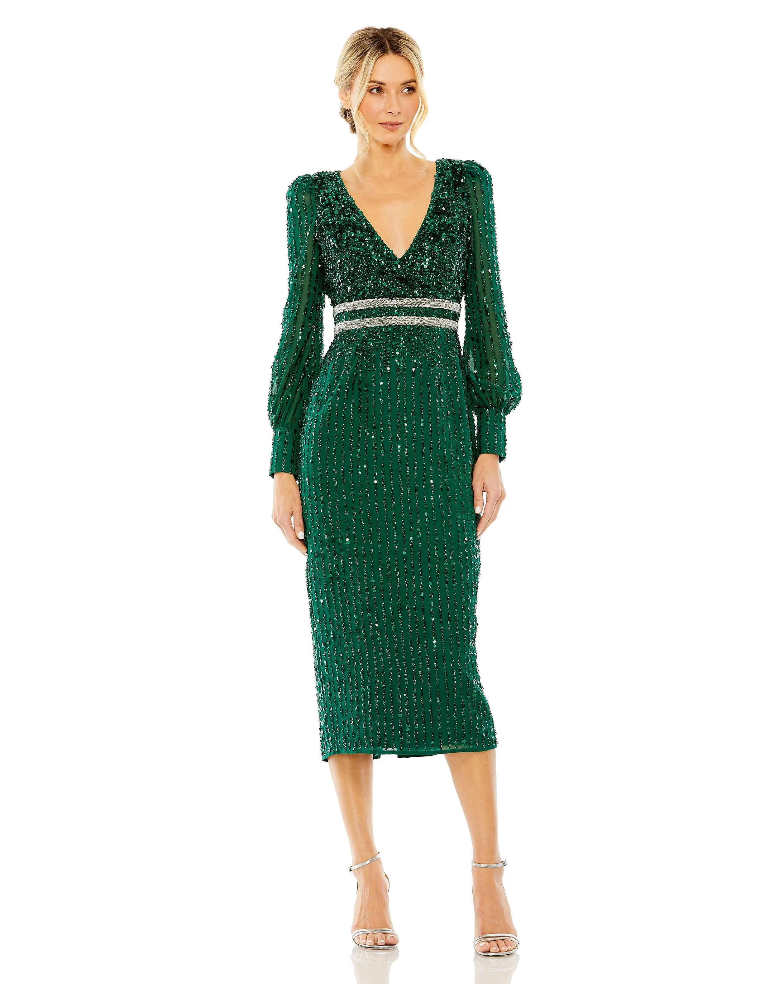 Navy Sequined V Neck Bishop Sleeve Dress sold by Mac Duggal product image thumbnail 4