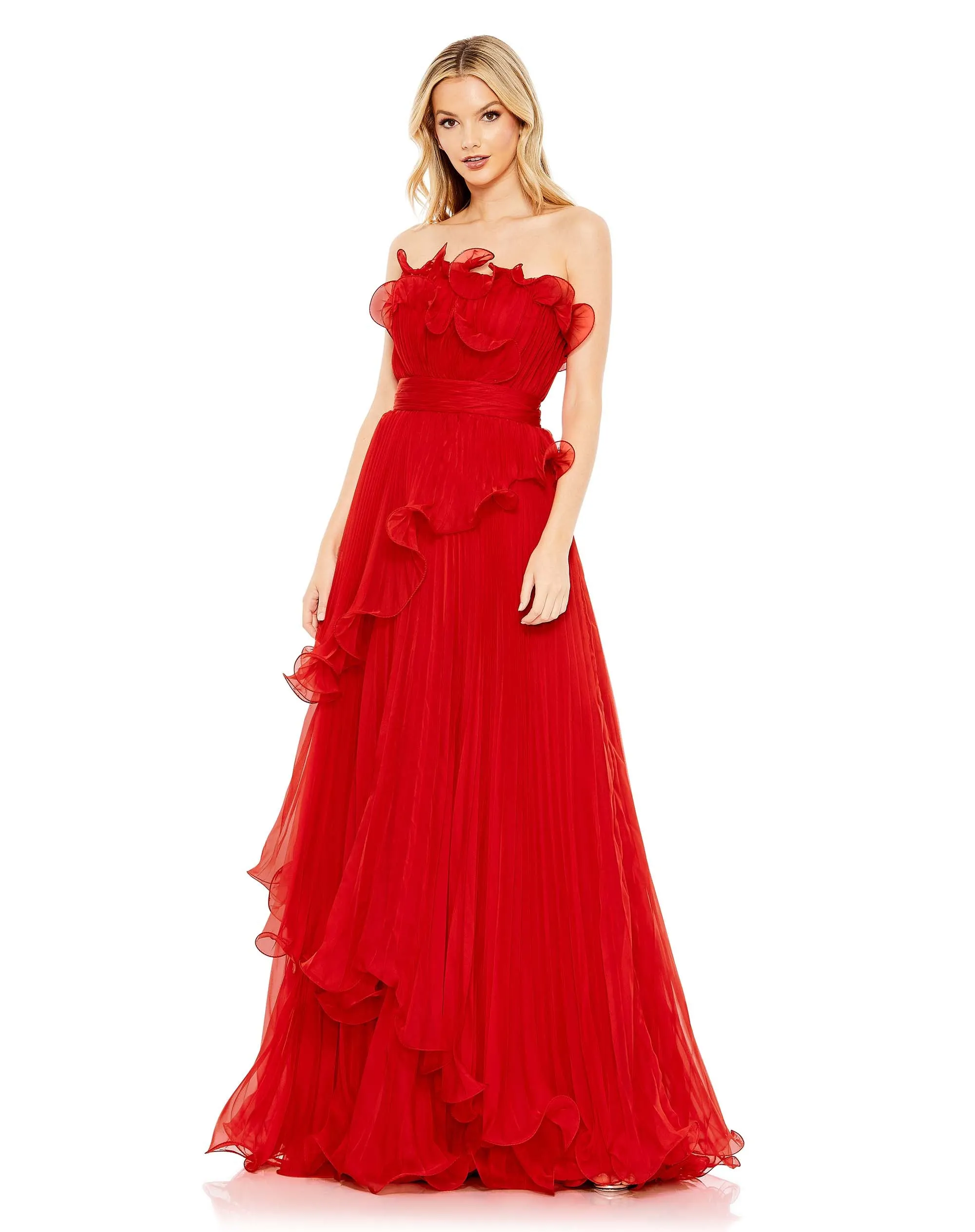 Red Pleated Tiered Ruffled Strapless Gown sold by Mac Duggal product image thumbnail 5