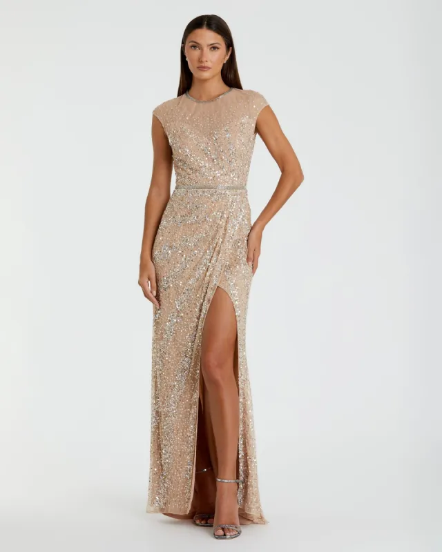 Red Embellished Illusion High Neck Cap Sleeve Gown sold by Mac Duggal