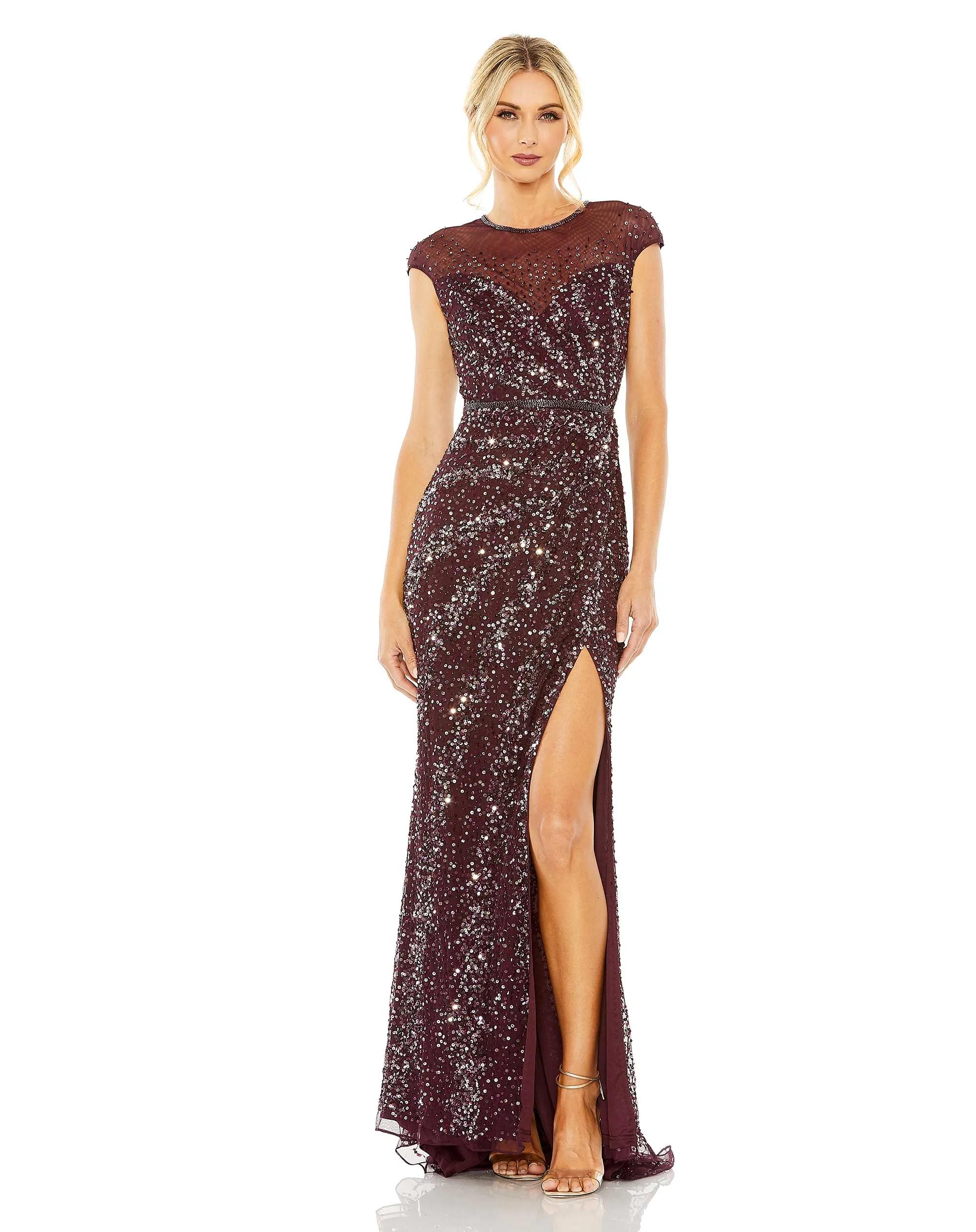 Red Embellished Illusion High Neck Cap Sleeve Gown sold by Mac Duggal product image thumbnail 4