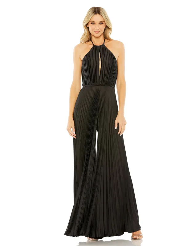 Black Halter Neck Keyhole Detail Pleated Jumpsuit sold by Mac Duggal