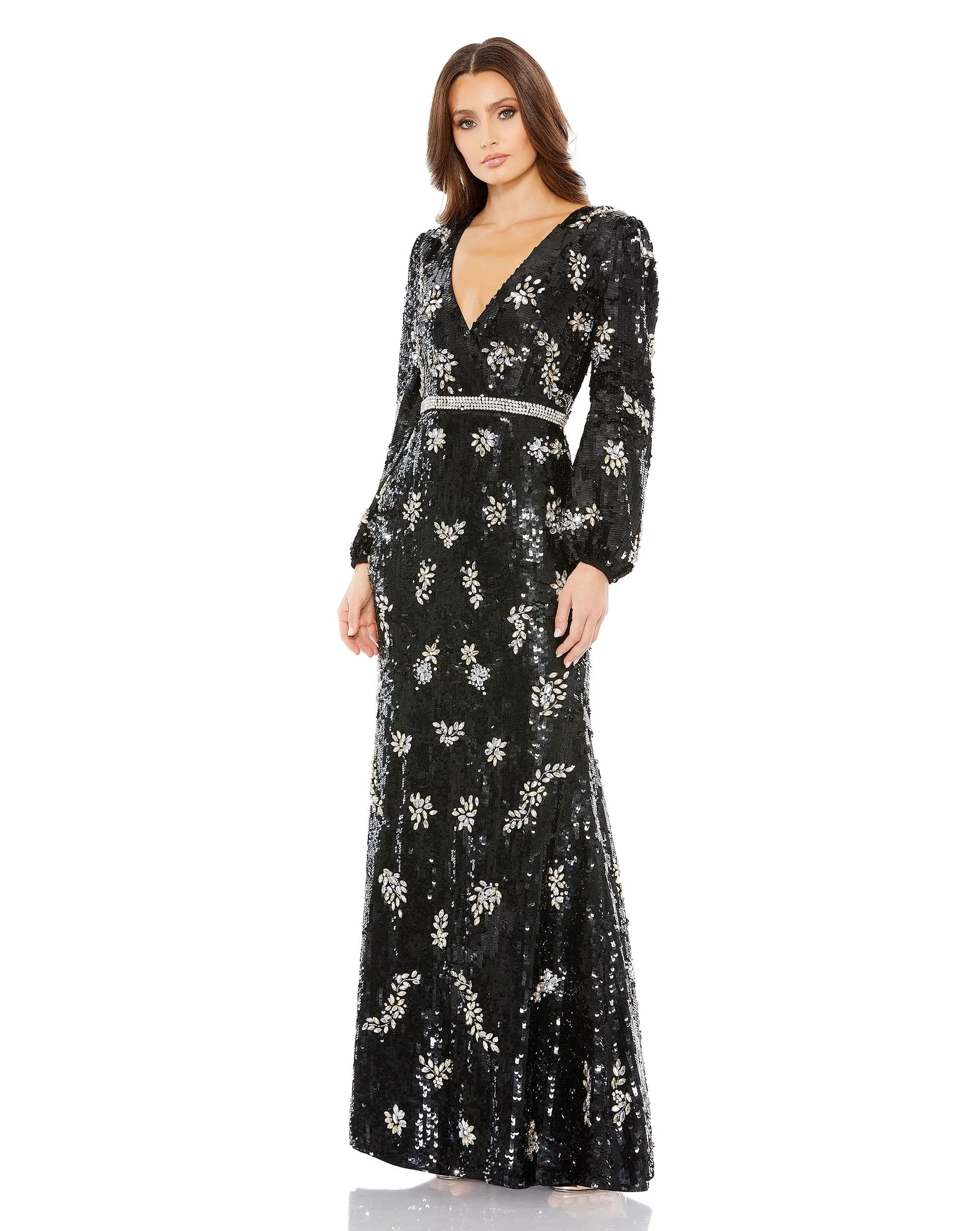 Black Embellished Wrap Over Bishop Sleeve Gown sold by Mac Duggal