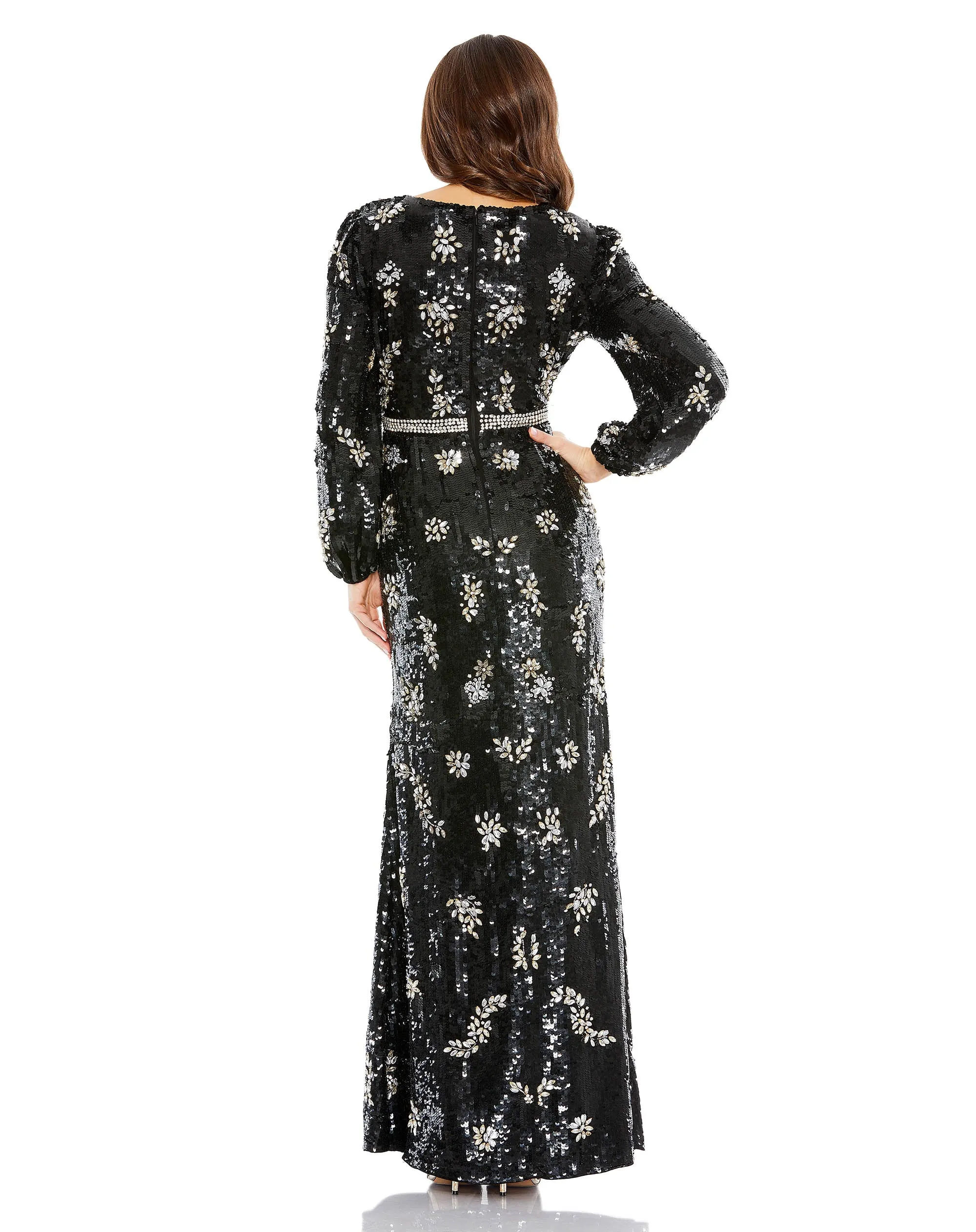 Black Embellished Wrap Over Bishop Sleeve Gown sold by Mac Duggal product image thumbnail 3