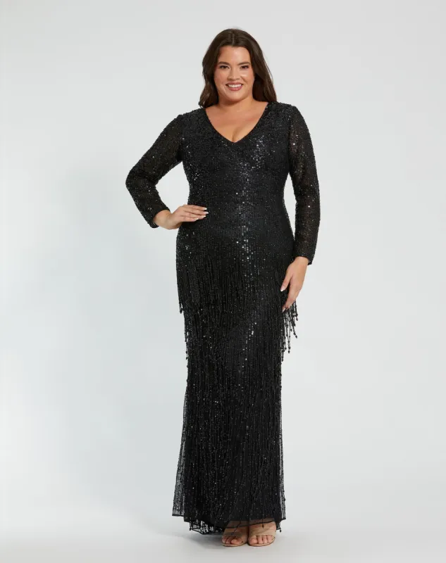 Black Long Sleeve V-Neck Beaded Fringe Gown sold by Mac Duggal