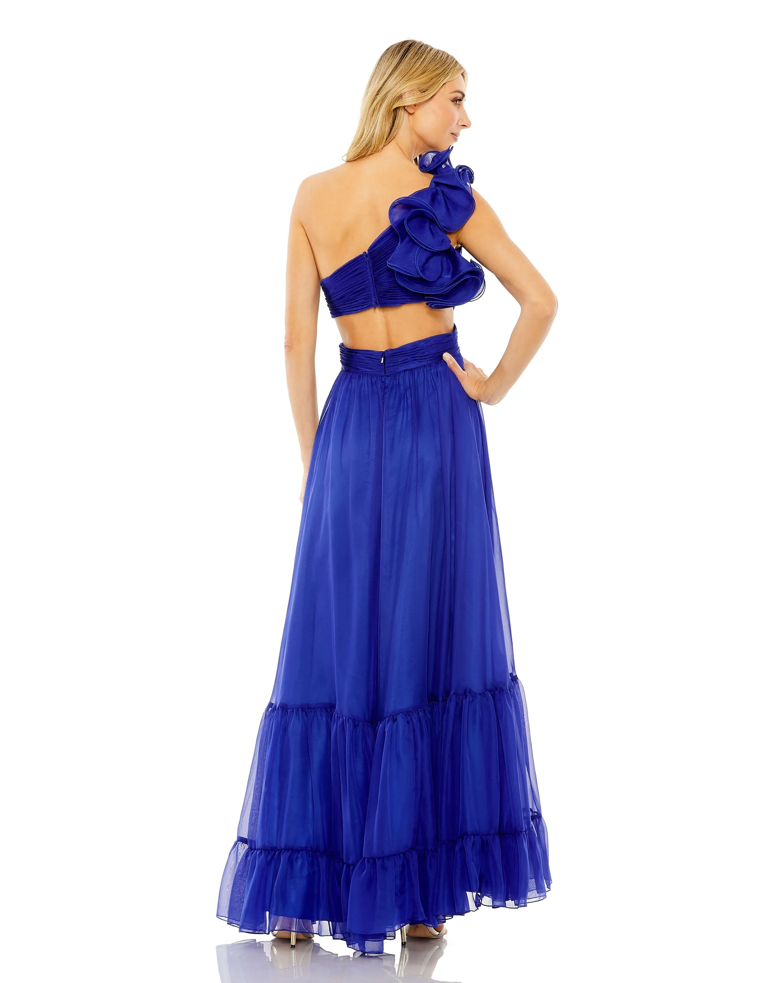 Blue One Shoulder Ruffle Tiered Cut-Out Chiffon Gown sold by Mac Duggal product image thumbnail 3