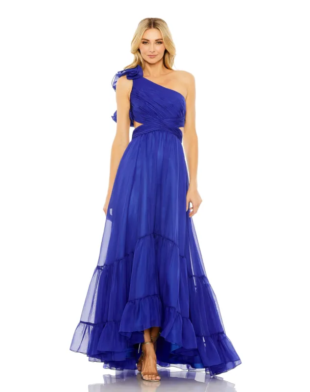 Blue One Shoulder Ruffle Tiered Cut-Out Chiffon Gown sold by Mac Duggal