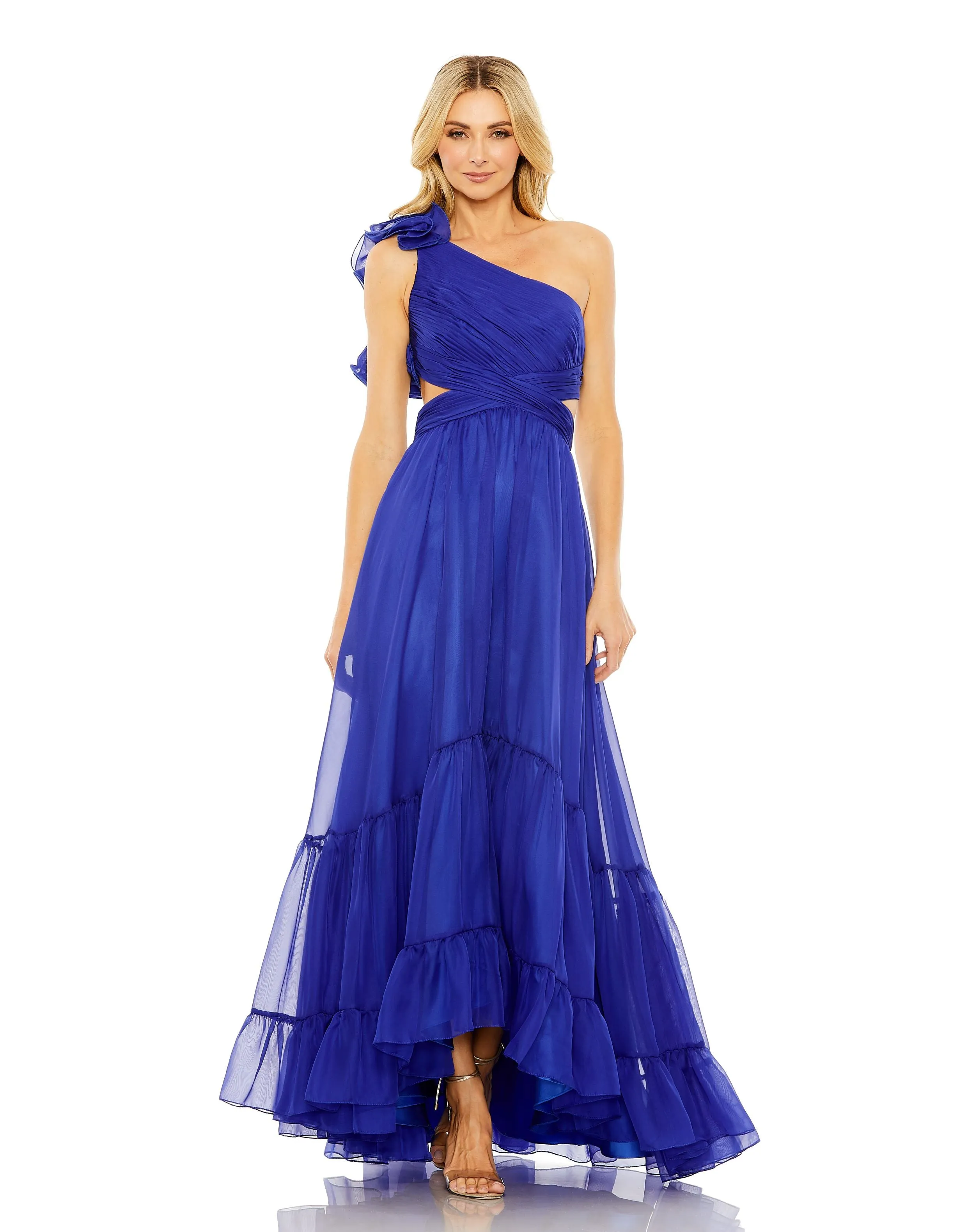 Blue One Shoulder Ruffle Tiered Cut-Out Chiffon Gown sold by Mac Duggal