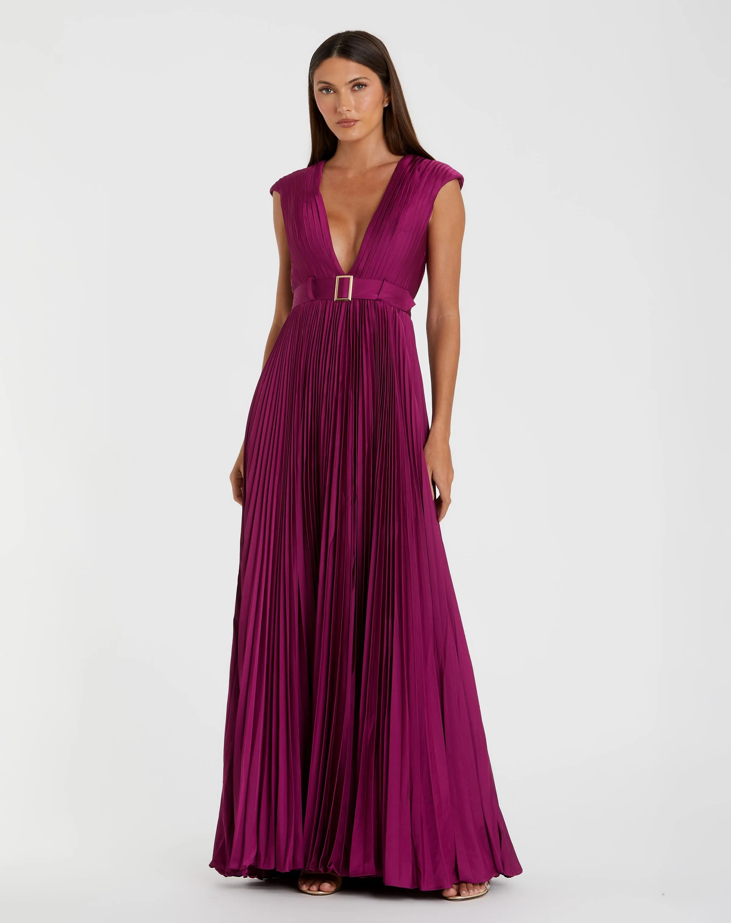 Purple Pleated Plunge Neck Belted A Line Gown sold by Mac Duggal