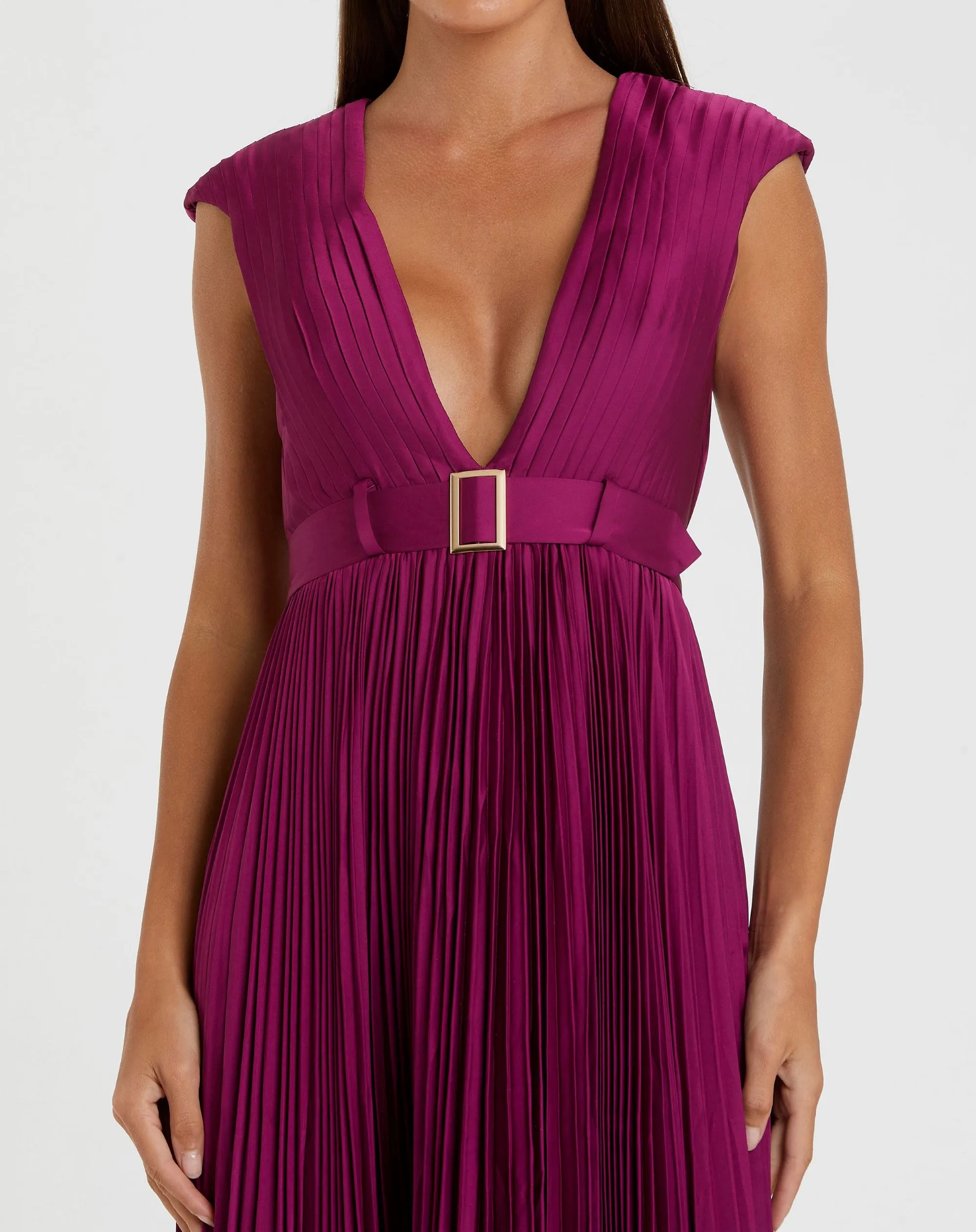Purple Pleated Plunge Neck Belted A Line Gown sold by Mac Duggal product image thumbnail 2