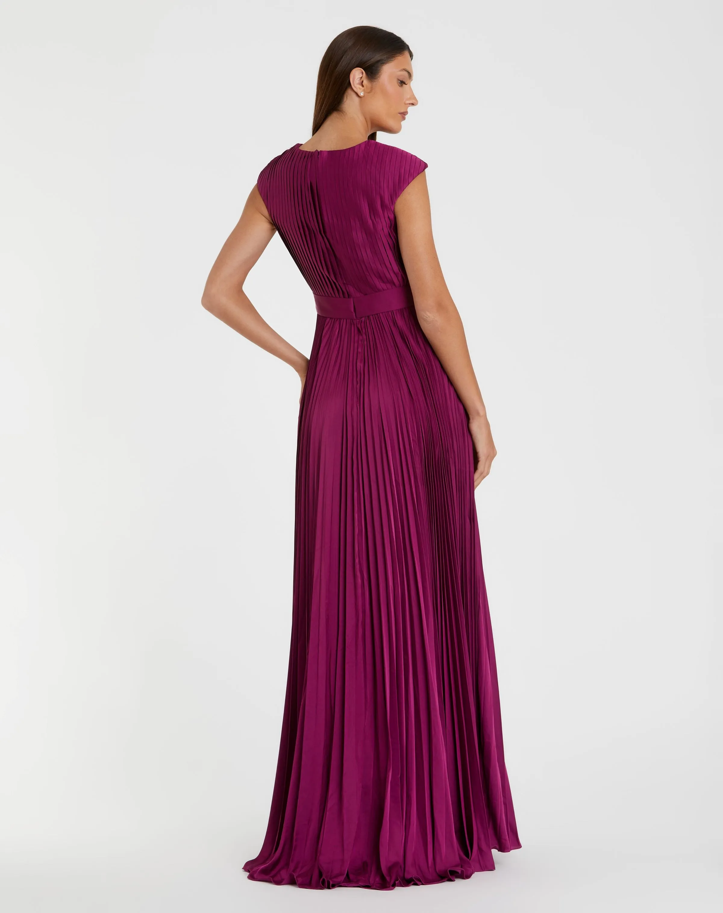 Purple Pleated Plunge Neck Belted A Line Gown sold by Mac Duggal product image thumbnail 3