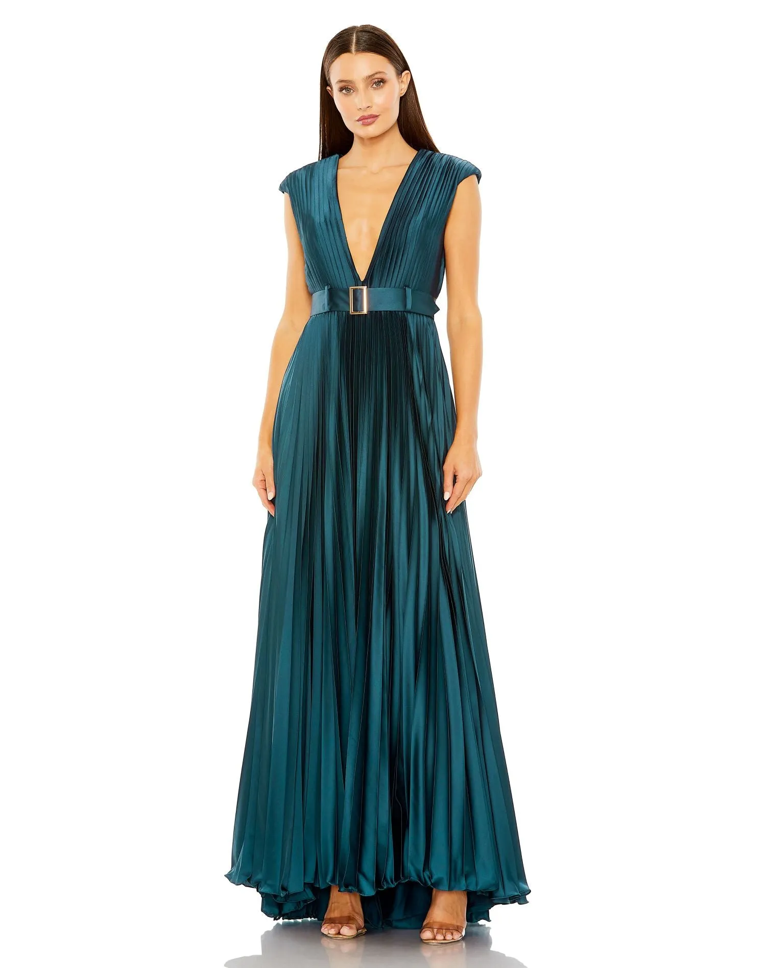 Purple Pleated Plunge Neck Belted A Line Gown sold by Mac Duggal product image thumbnail 4