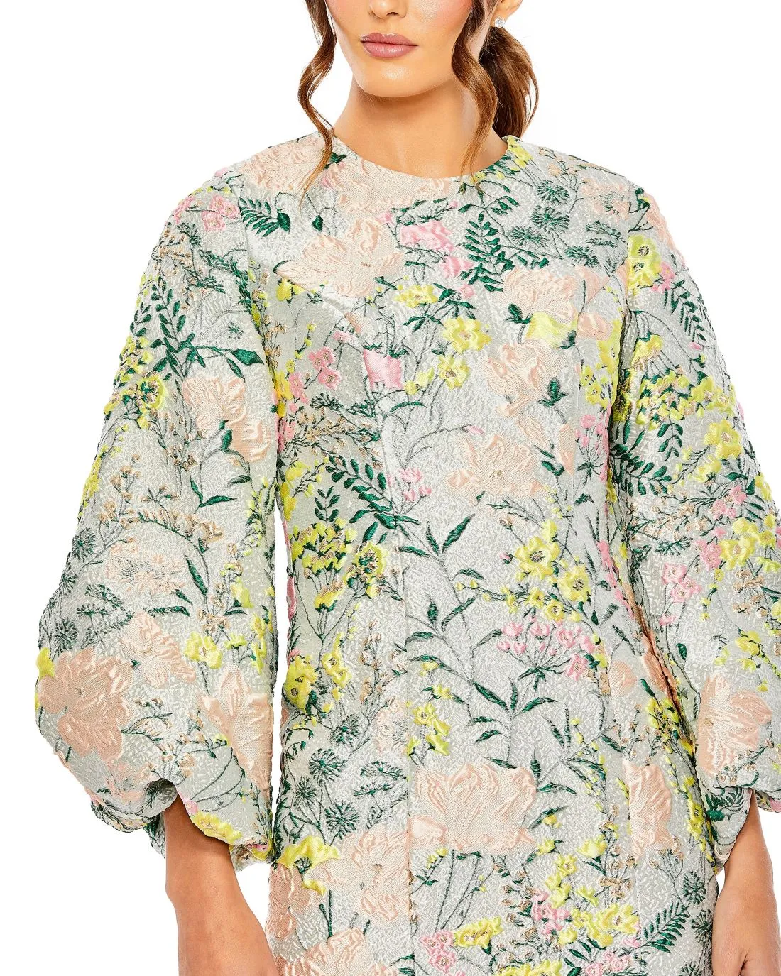 Multicolor Floral Brocade Puff Sleeve Fitted Mini Dress sold by Mac Duggal product image thumbnail 3