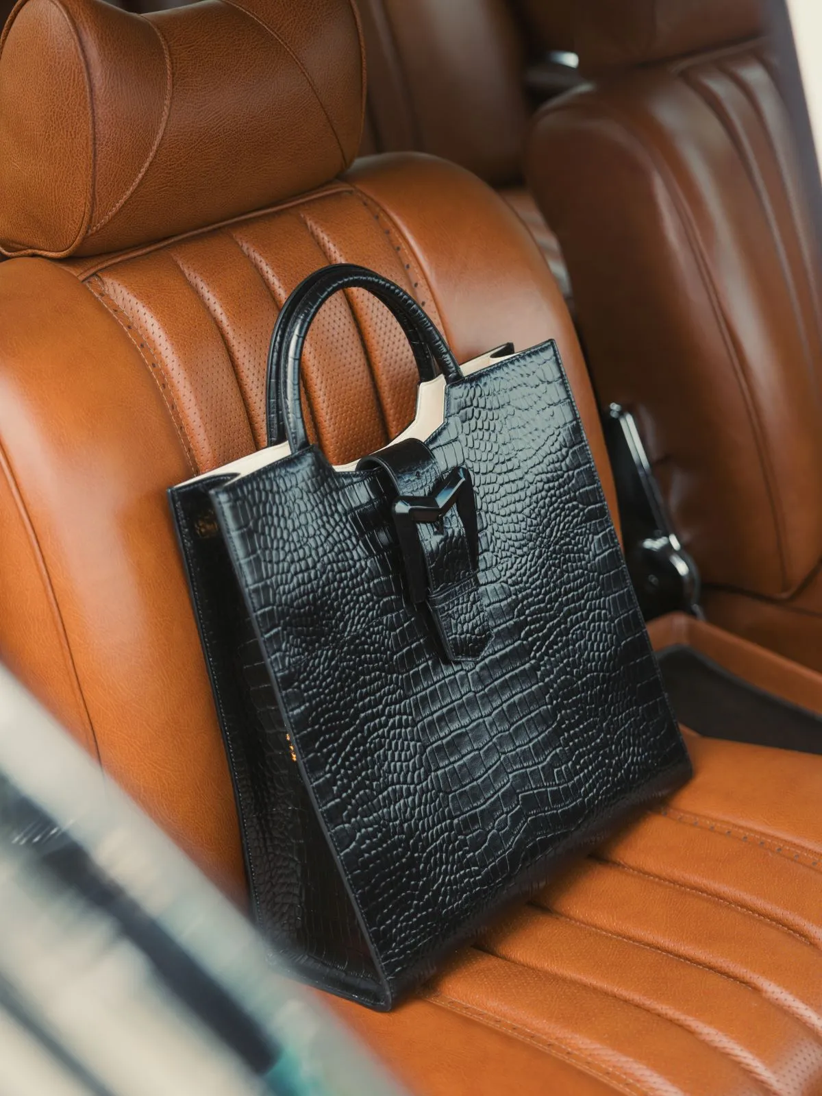 Black Buckled Maxi Croco Leather Tote Bag sold by Mac Duggal product image thumbnail 5