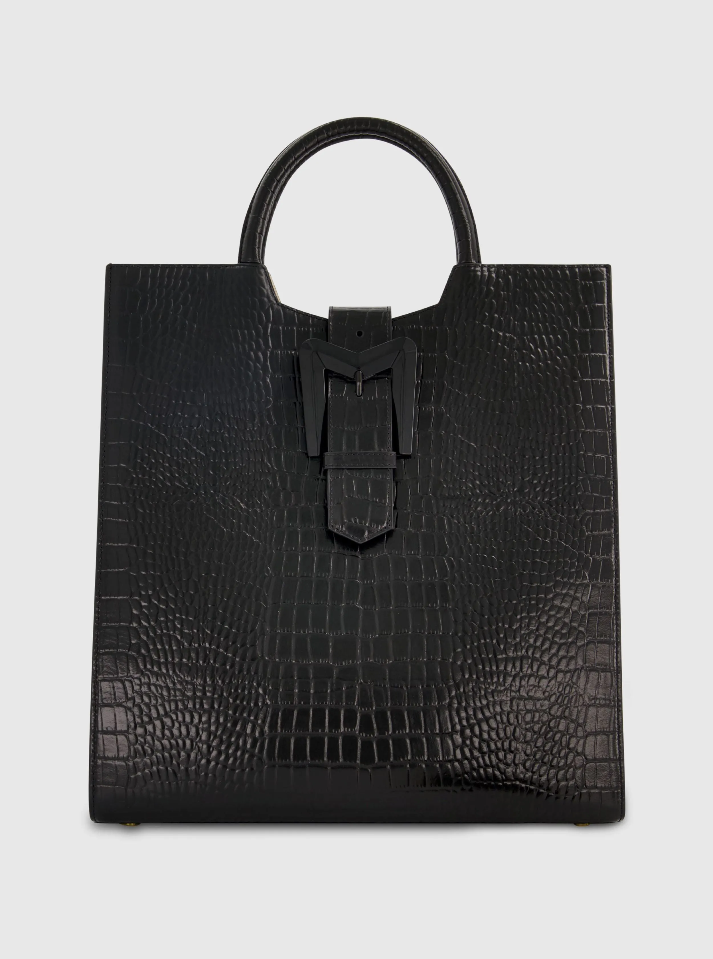 Black Buckled Maxi Croco Leather Tote Bag sold by Mac Duggal