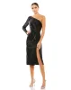 Black Ruched Sequined One Shoulder Midi Dress sold by Mac Duggal