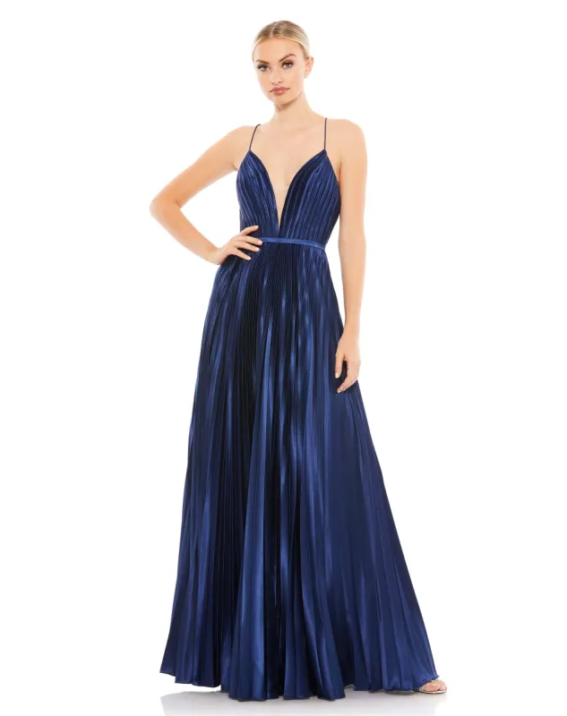 Navy Plunge Neck Pleated Evening Gown sold by Mac Duggal