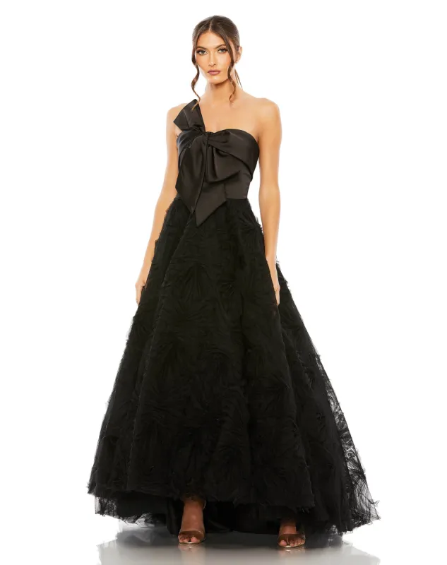 Black Strapless Front Bow Knot Tulle Gown sold by Mac Duggal