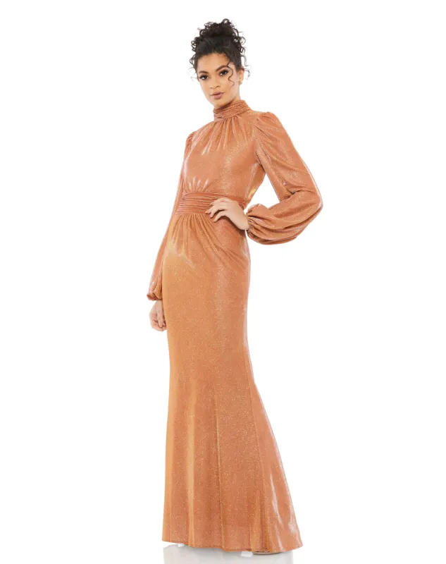 Orange Glitter High Neck Puff Sleeve Trumpet Gown sold by Mac Duggal