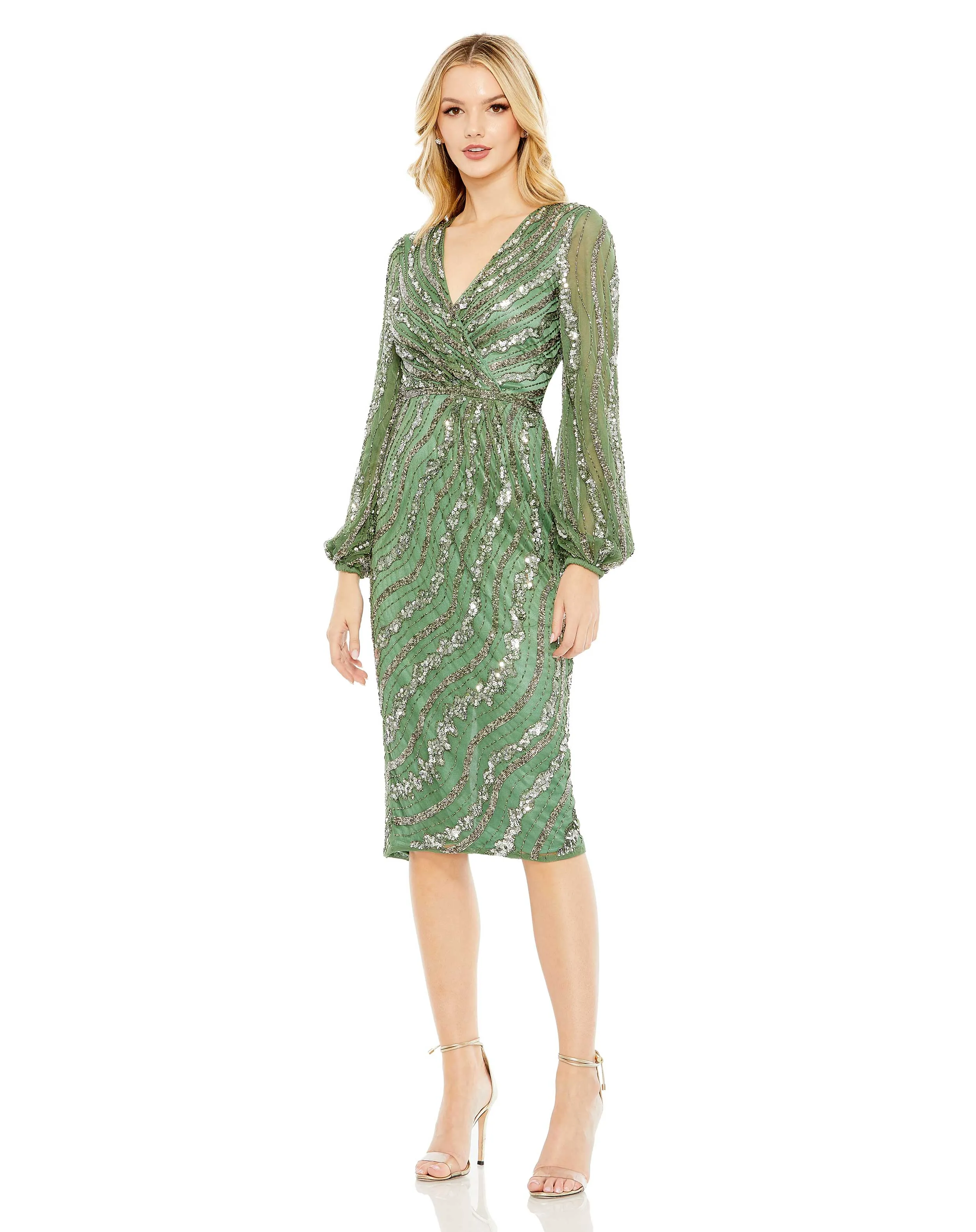 Green Embellished Long Sleeve Midi Dress sold by Mac Duggal