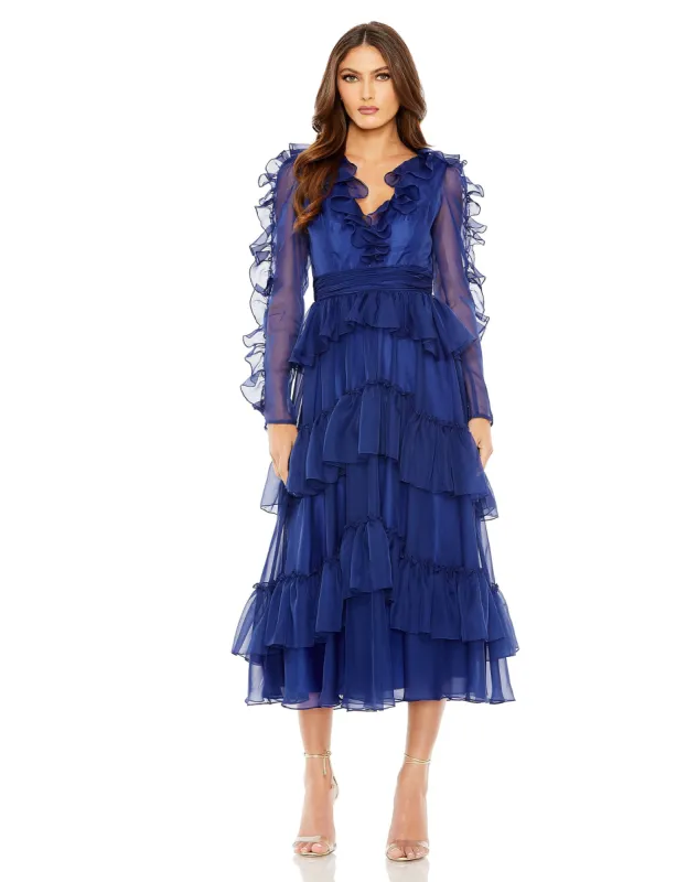 V Neck Ruffle Tiered Mesh Sleeve Dress | Sample | Sz. 2 sold by Mac Duggal
