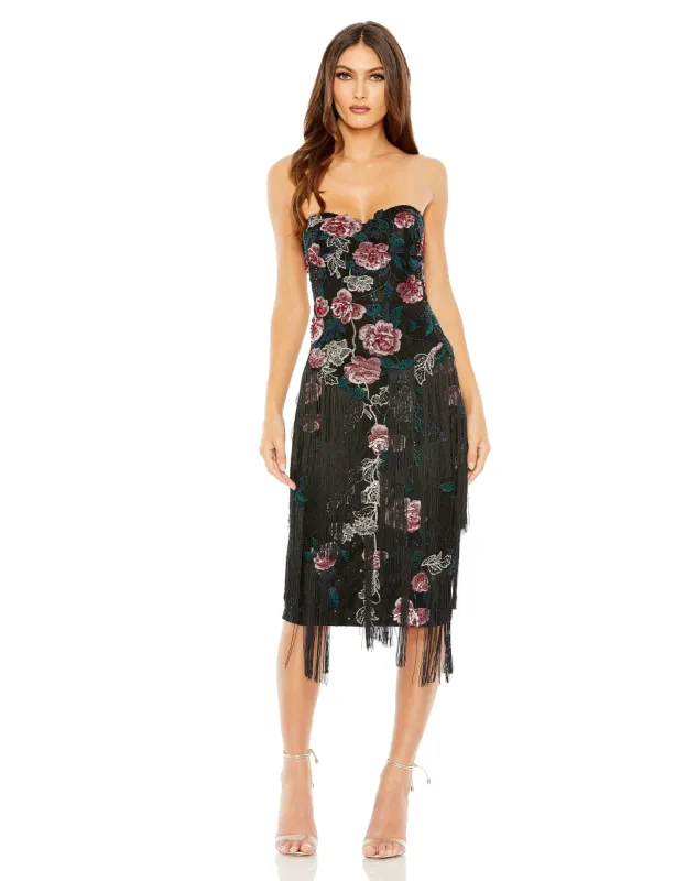 Black Strapless Floral Embroidered Midi Dress With Fringe Detailing sold by Mac Duggal