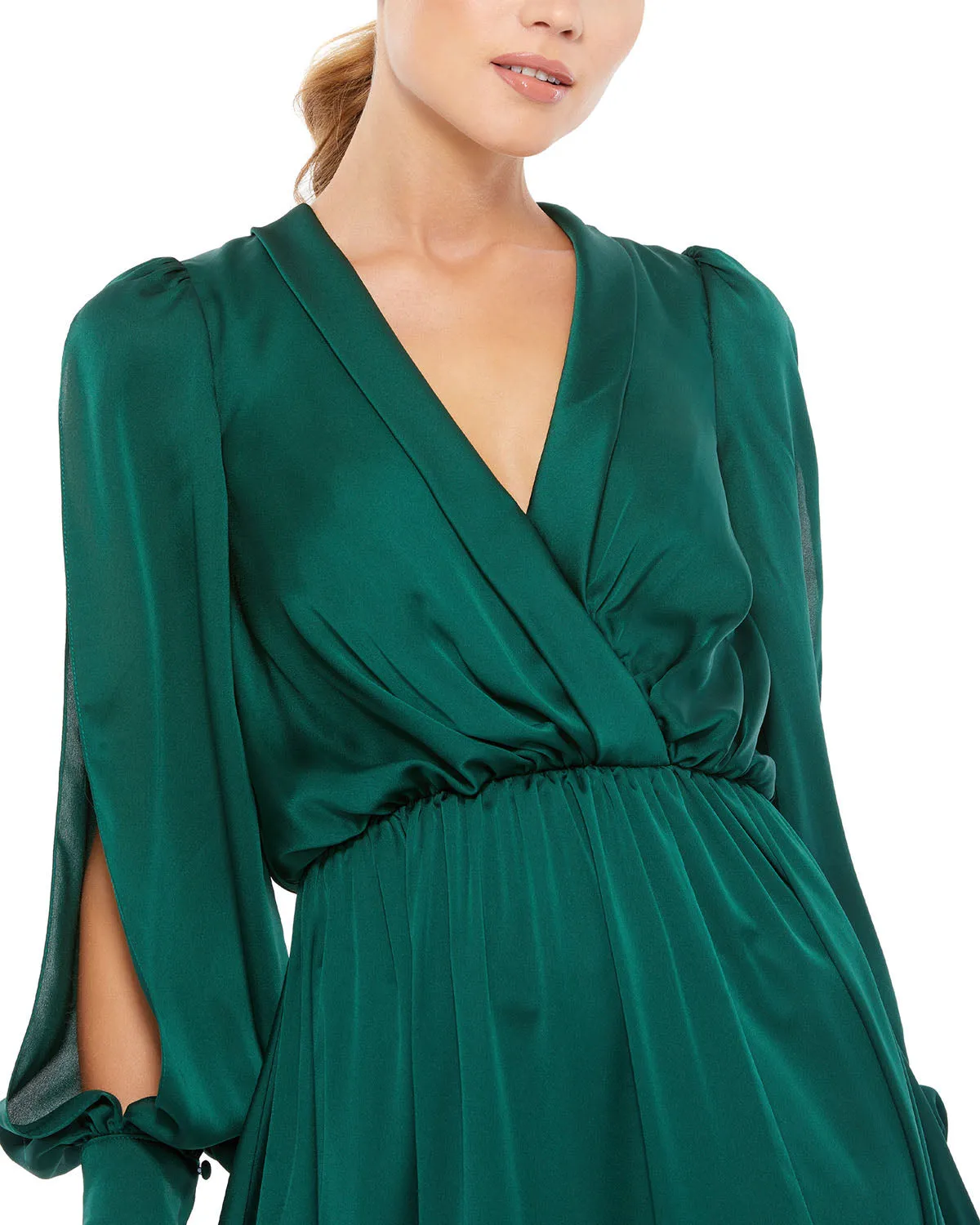 Green Bishop Sleeve Faux Wrap Gown sold by Mac Duggal product image thumbnail 2