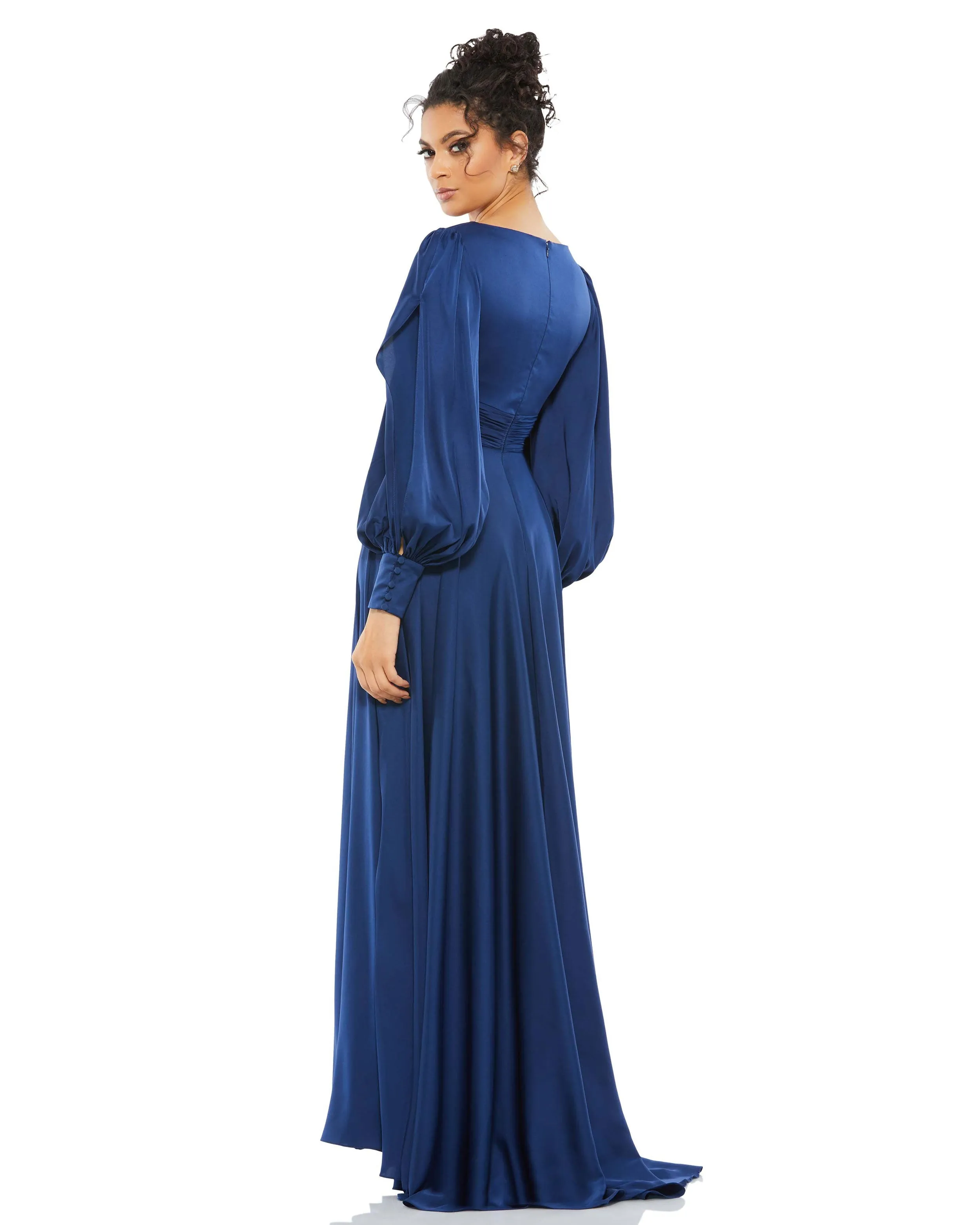 Navy Flowy Split Bishop Sleeve Faux Wrap Gown sold by Mac Duggal product image thumbnail 3