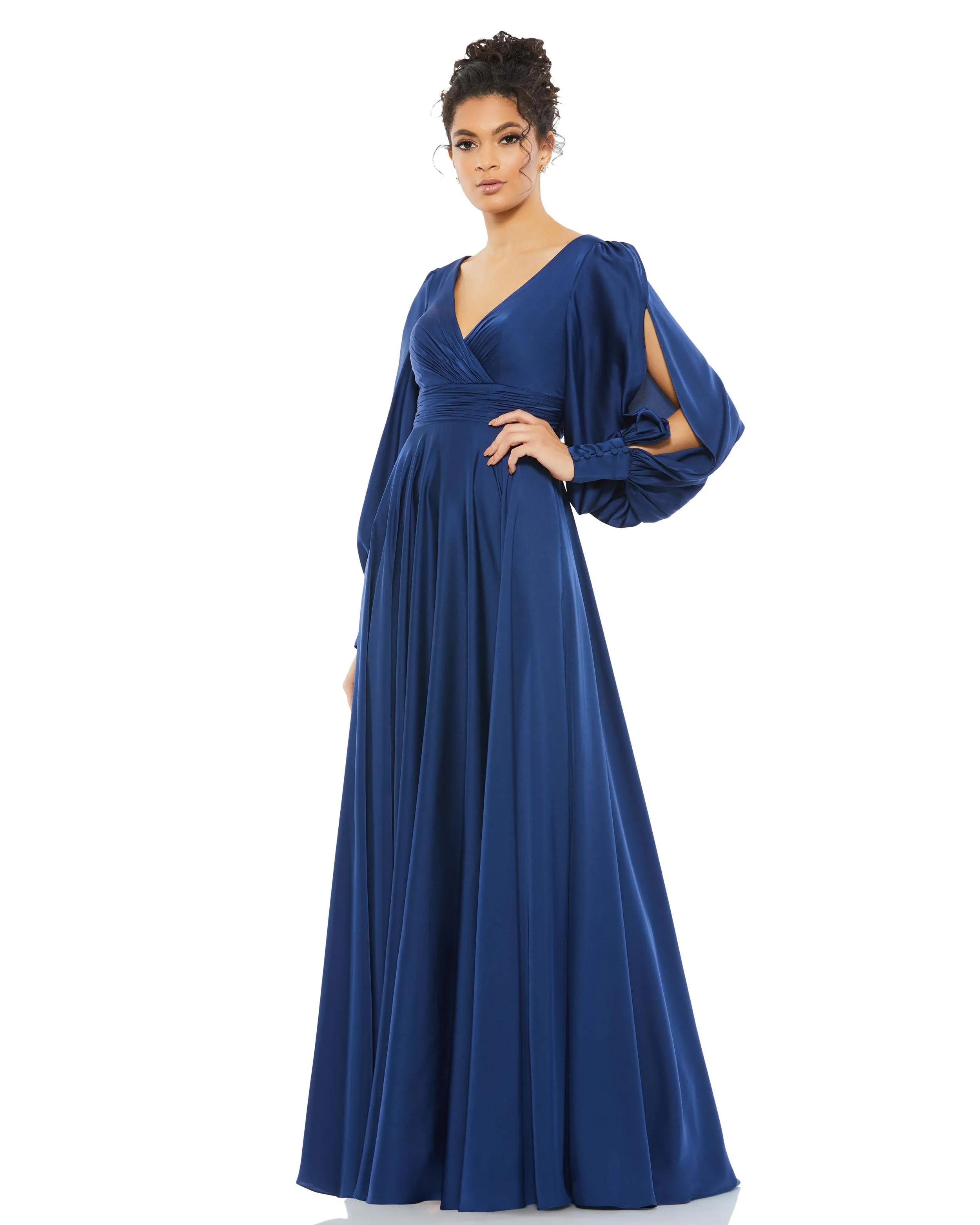 Navy Flowy Split Bishop Sleeve Faux Wrap Gown sold by Mac Duggal