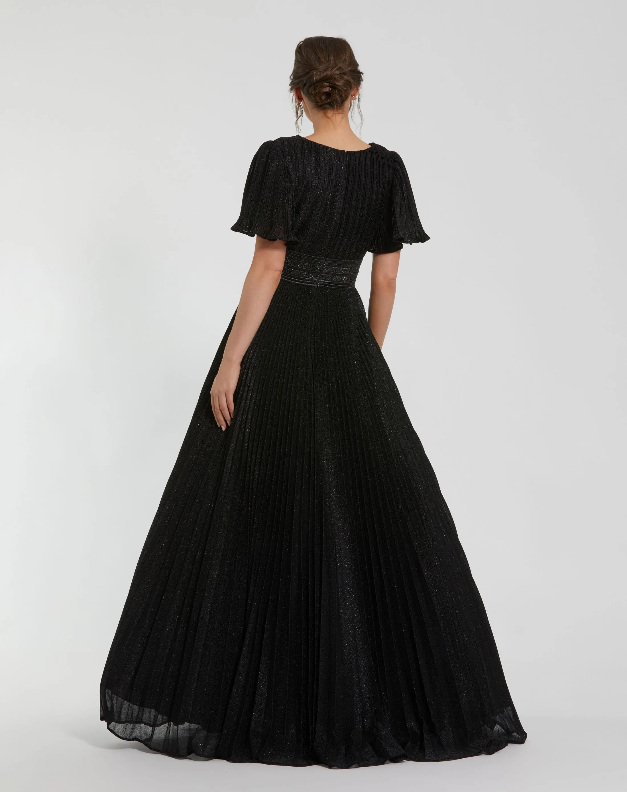 Black Pleated Shimmering Flutter Sleeve Ball Gown sold by Mac Duggal product image thumbnail 3