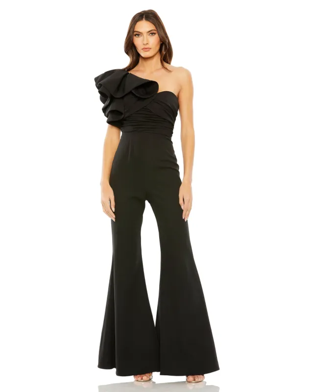 Red One Shoulder Ruffle Detail Flare Pant Jumpsuit sold by Mac Duggal