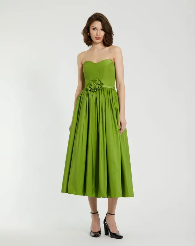 Green Faille Strapless A Line Midi Dress With 3D Rose sold by Mac Duggal