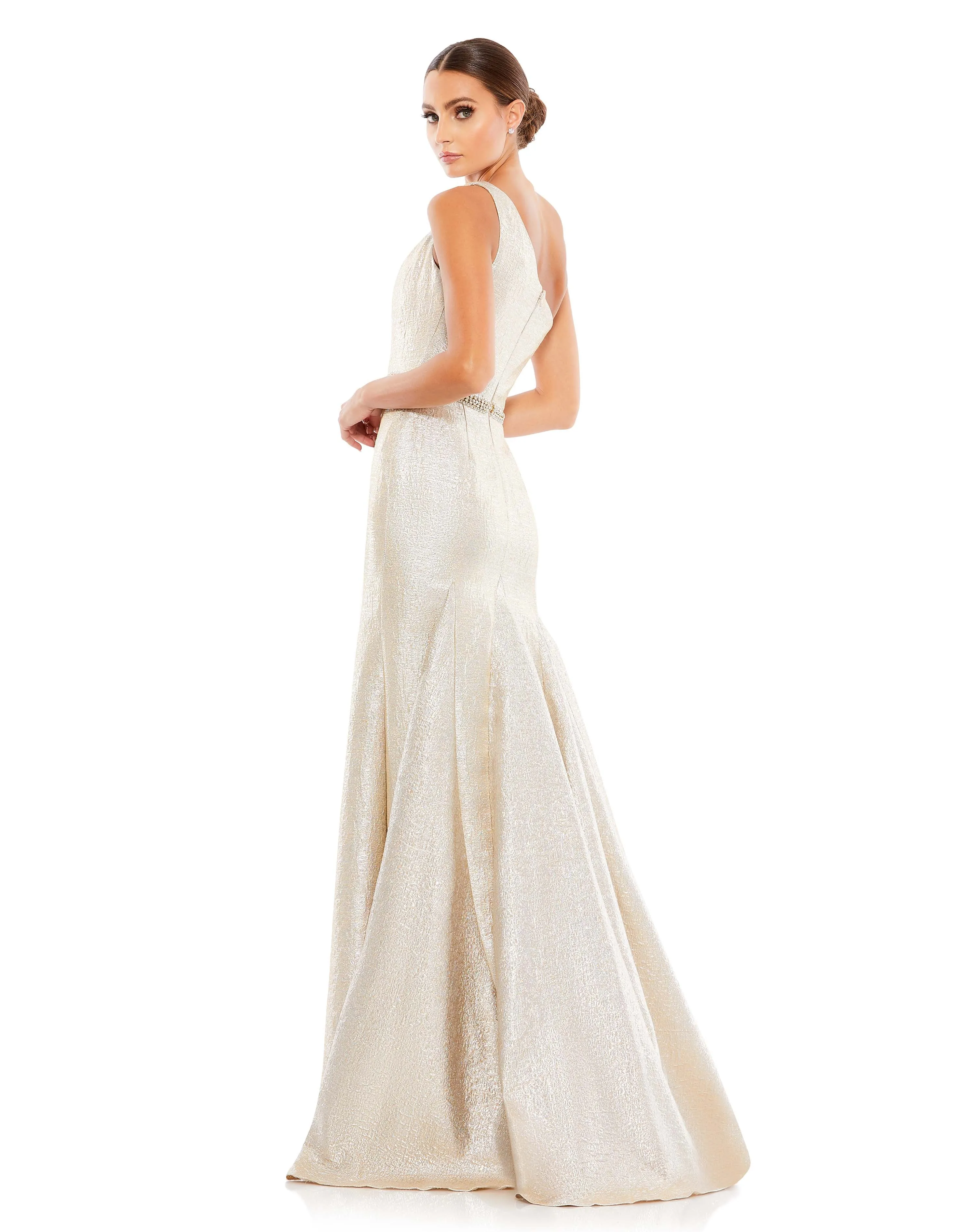 Gold One Shoulder Metallic Ruffled Evening Gown sold by Mac Duggal product image thumbnail 3