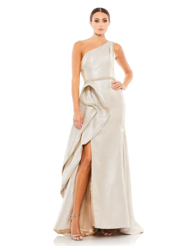 Gold One Shoulder Metallic Ruffled Evening Gown sold by Mac Duggal
