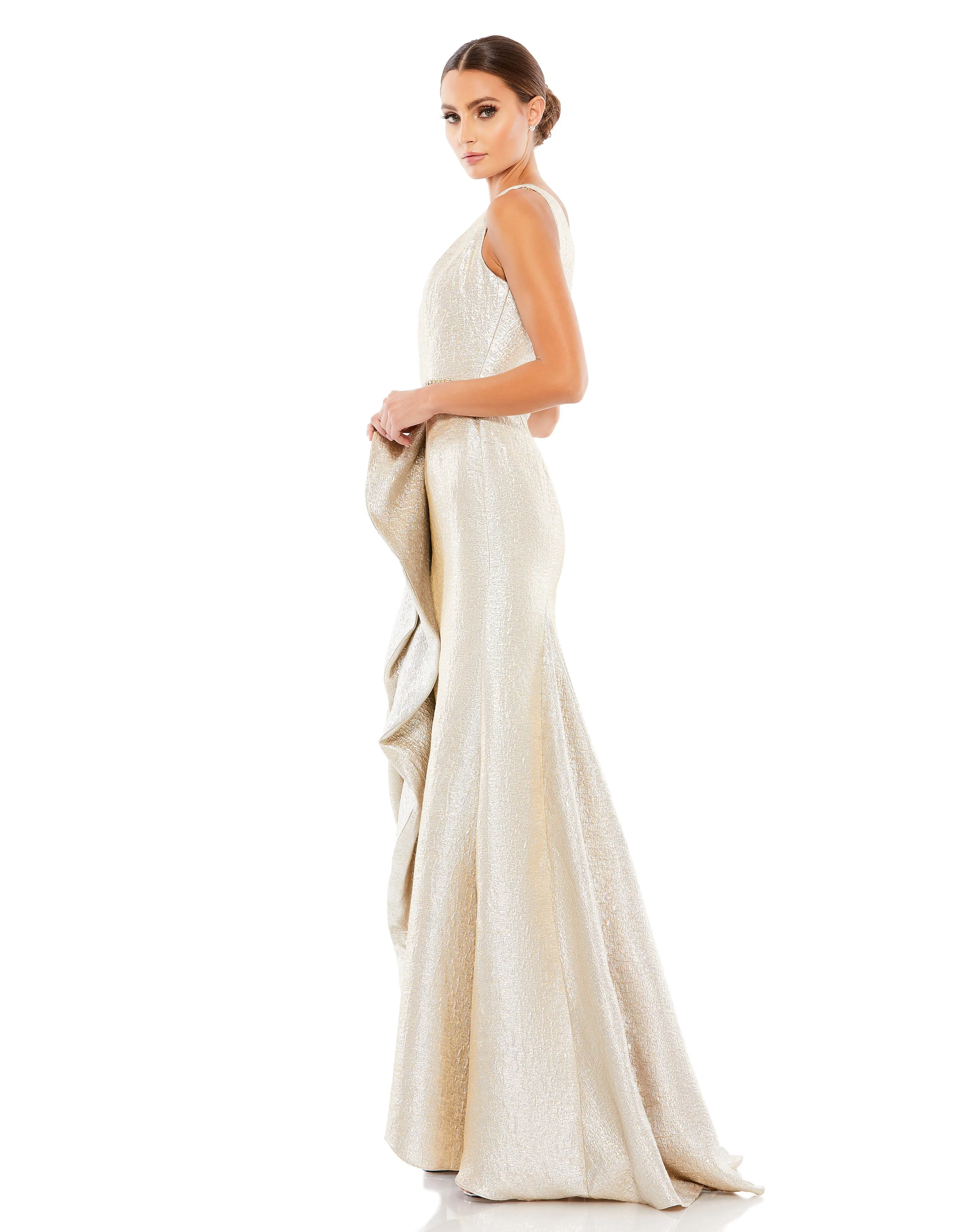 Gold One Shoulder Metallic Ruffled Evening Gown sold by Mac Duggal product image thumbnail 4