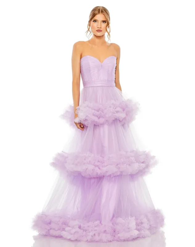 Purple Strapless Ruffle Tulle Tiered Gown sold by Mac Duggal
